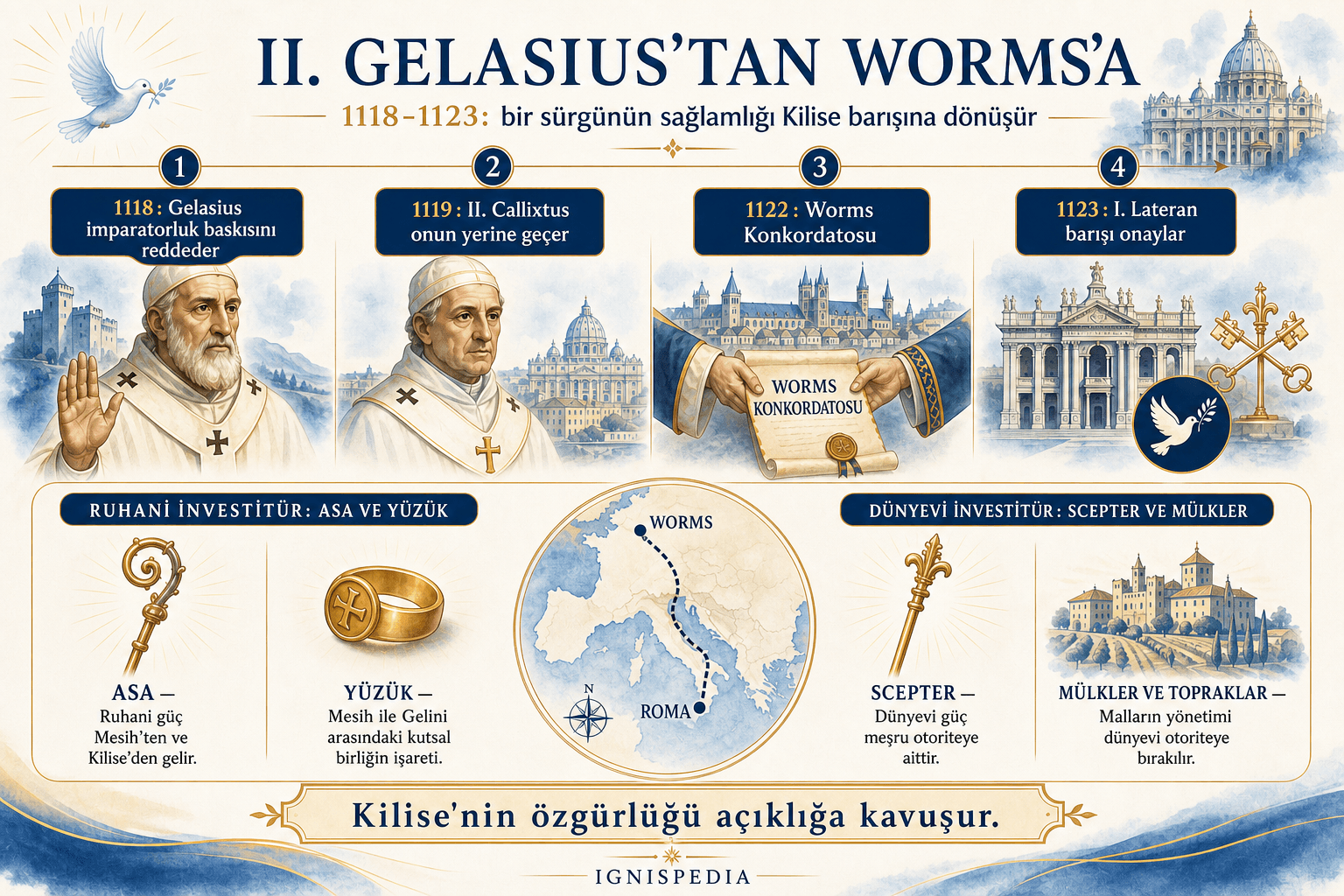 II. Gelasius'un sağlamlığını II. Callixtus'un papalığına, Worms Konkordatosu'na ve I. Lateran Konsili'ne bağlayan Türkçe infografik