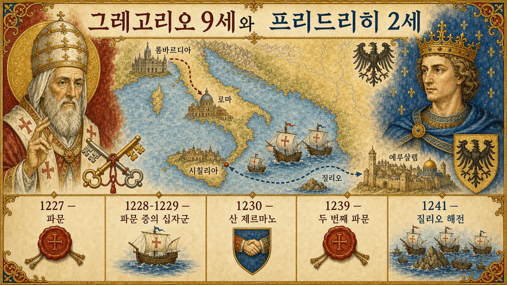 로마와 시칠리아에서 예루살렘과 질리오에 이르는 그레고리오 9세와 프리드리히 2세의 갈등 지도