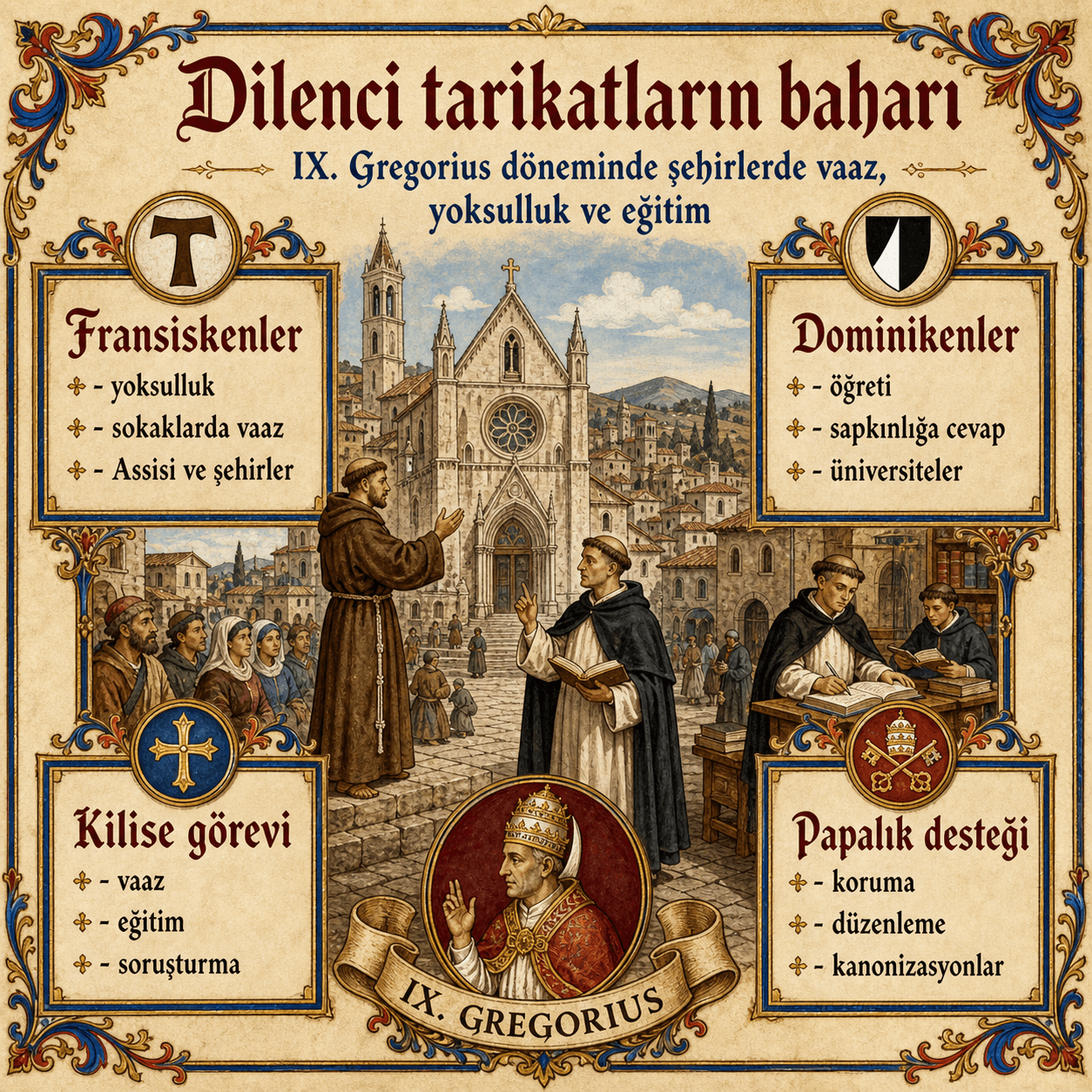 IX. Gregorius'un papalığı tarafından desteklenen bir ortaçağ şehrinde Fransiskenler ve Dominikliler
