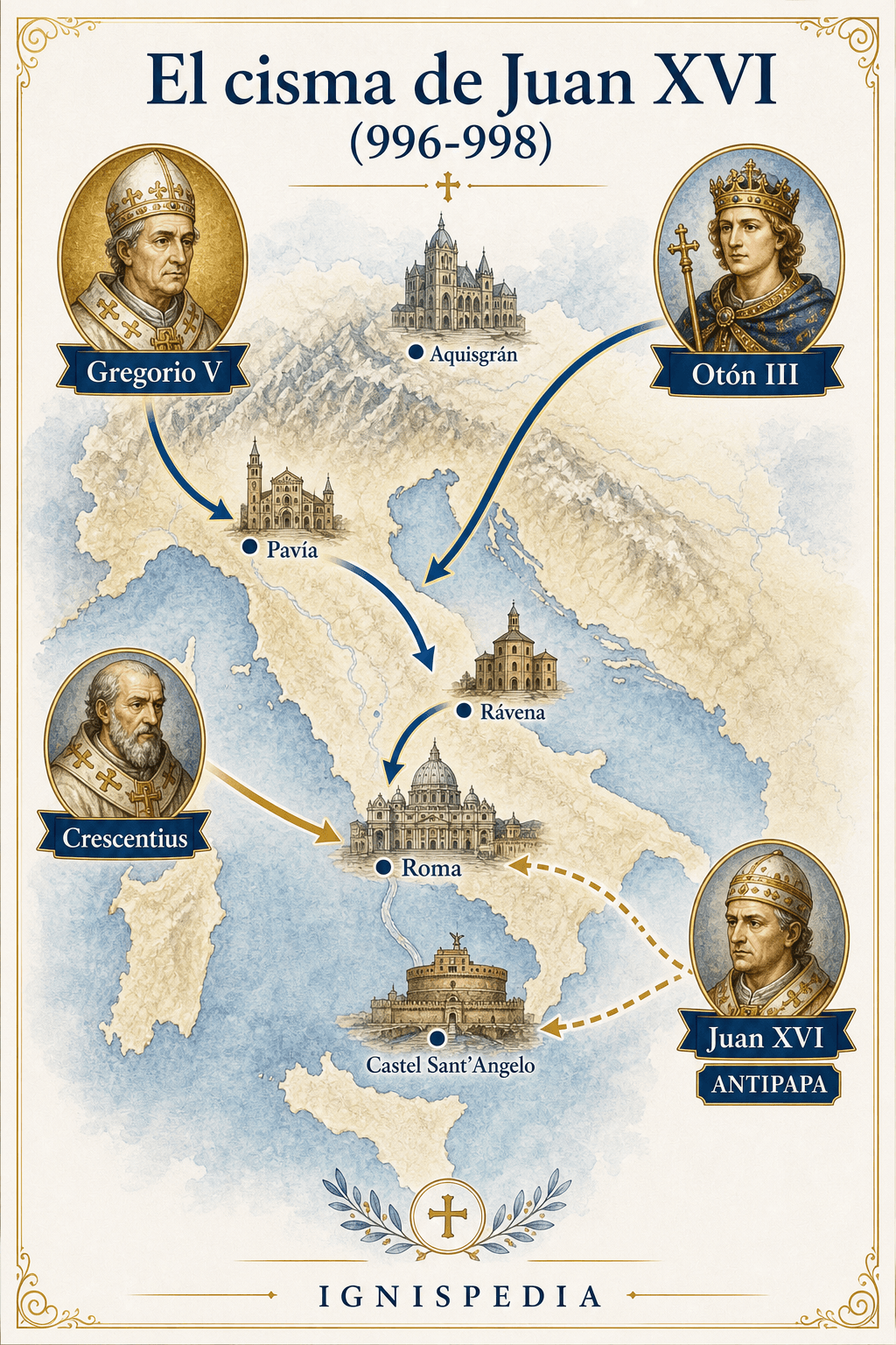 Infografía cartográfica del cisma de Juan XVI entre Roma, Pavía, Rávena, Aquisgrán y el Castel Sant'Angelo