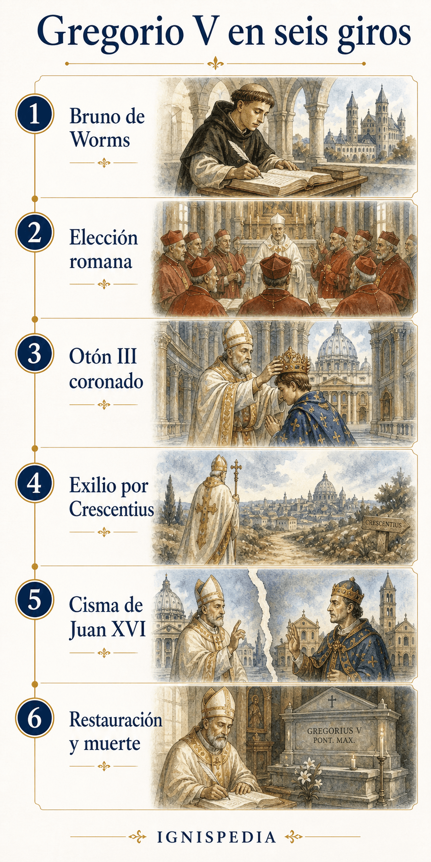 Infografía que presenta a Gregorio V en seis fases: Bruno de Worms, elección romana, coronación de Otón III, exilio, cisma de Juan XVI, restauración y muerte