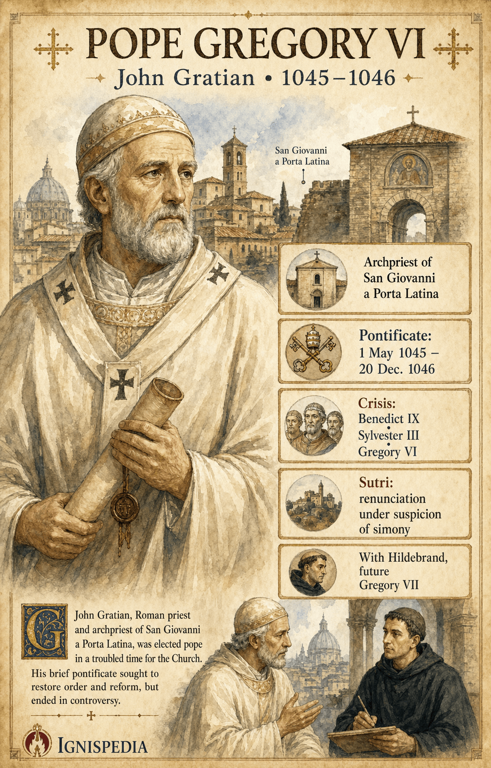 Watercolor illustration by Jean Gratien, Pope Gregory VI, before Rome in the 11th century