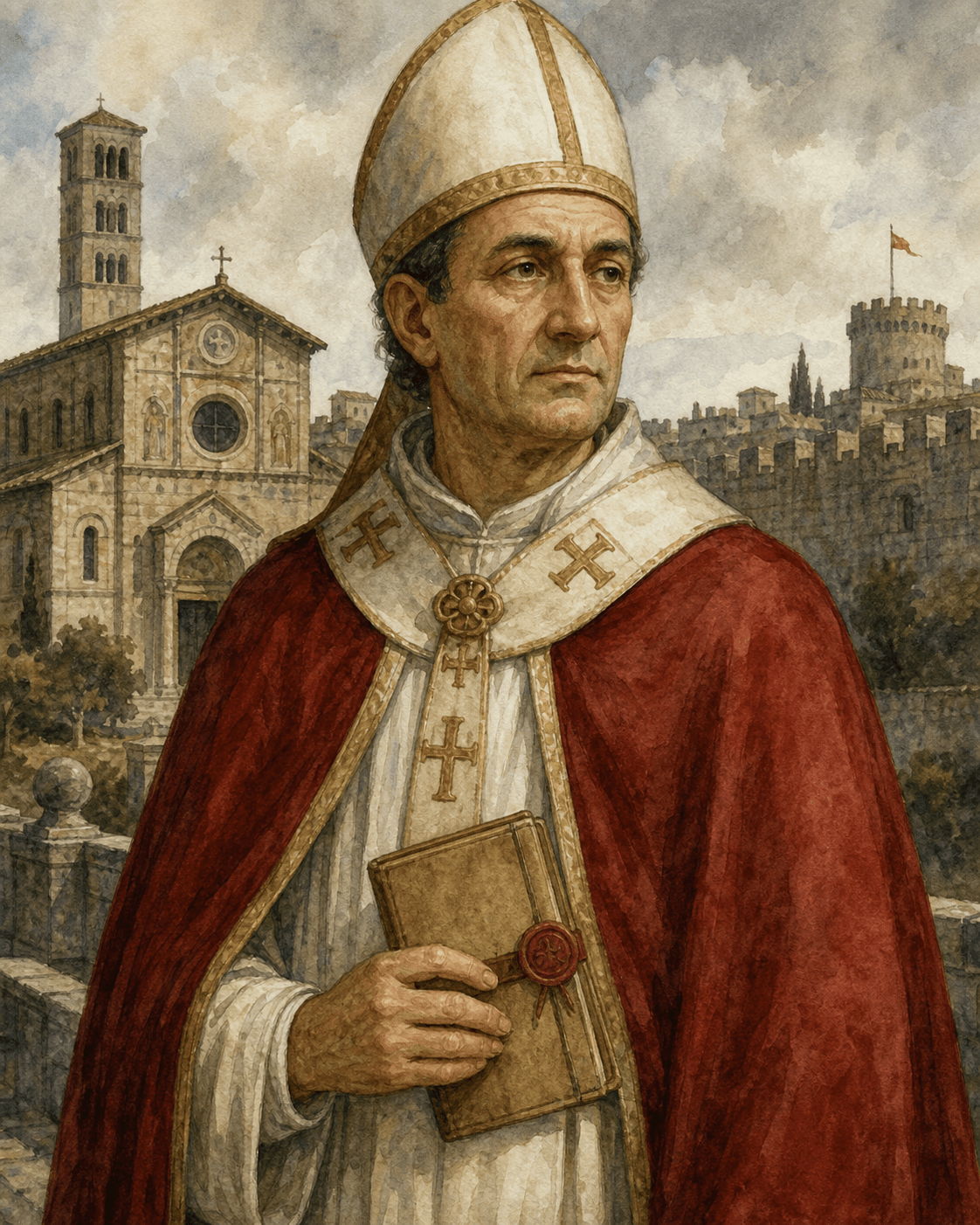 Aquarellillustration von Johannes Gratian, Papst Gregor VI., vor Rom im 11. Jahrhundert