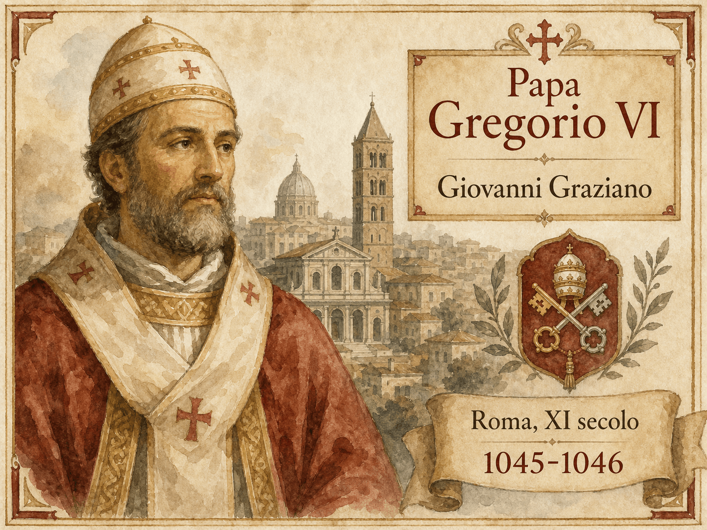 Illustrazione ad acquerello di Jean Gratien, papa Gregorio VI, davanti a Roma nell'XI secolo