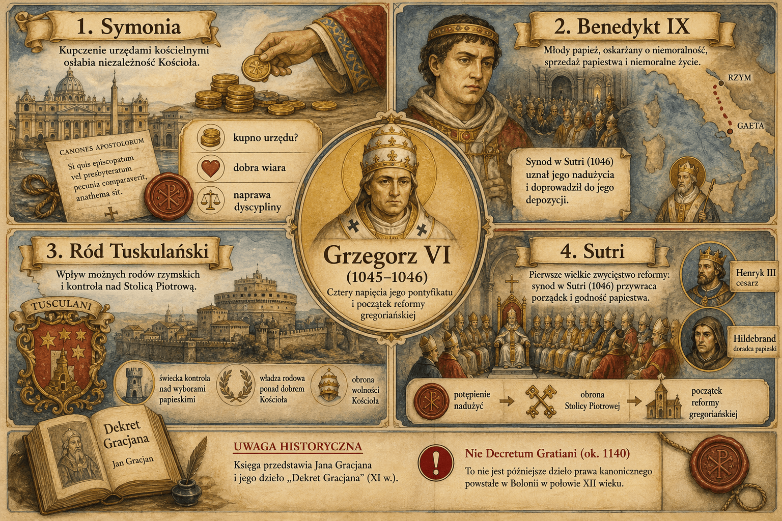 Infografika podsumowująca: Grzegorz VI ujęty w czterech napięciach — intencja reformy, transakcja z Benedyktem IX, Rzym podzielony między trzech pretendentów oraz wygnanie Hildebranda na północ