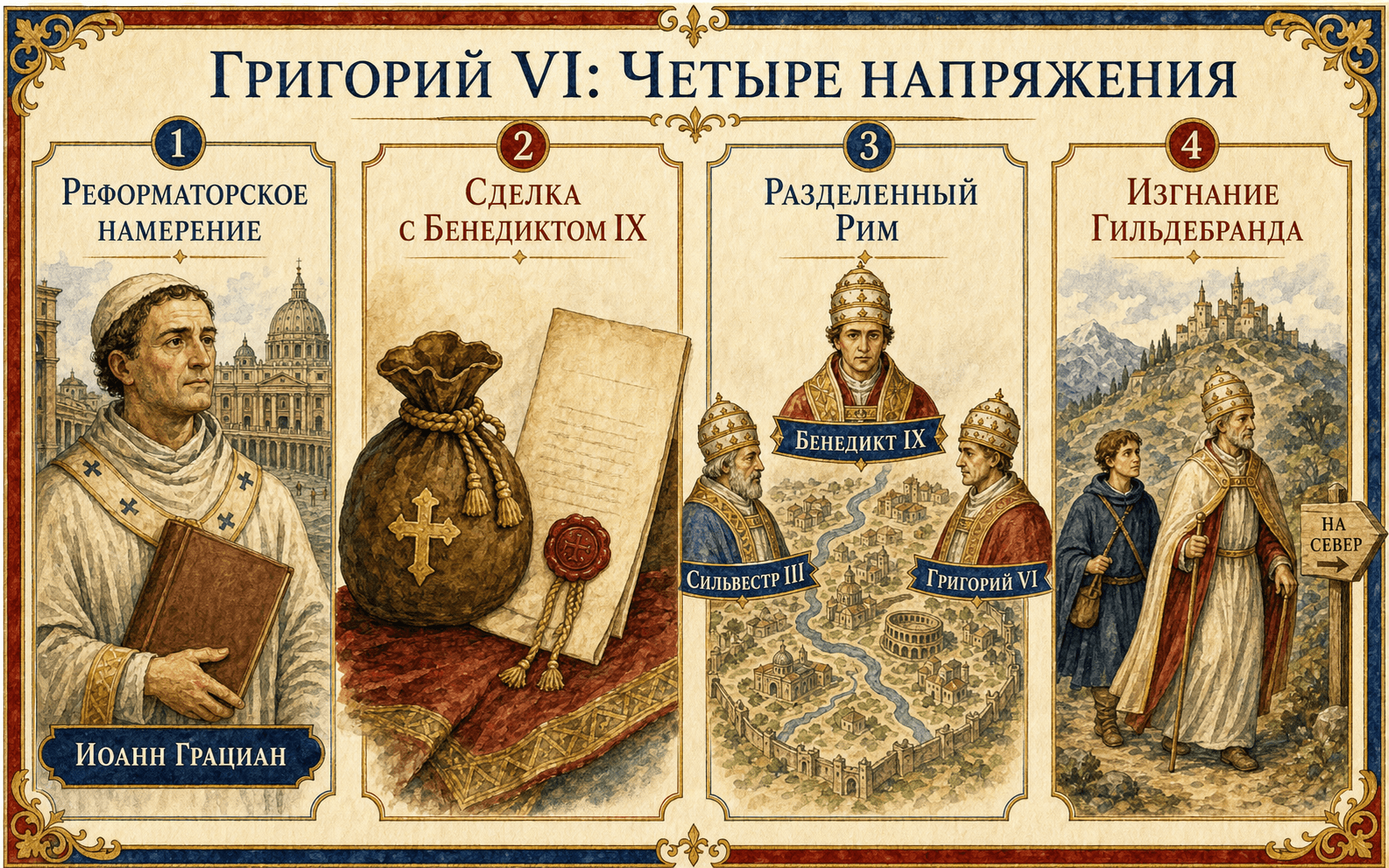 Инфографика: Григорий VI в четырёх напряжениях — реформаторское намерение, сделка с Бенедиктом IX, Рим, разделённый между тремя претендентами, и изгнание Гильдебранда на север
