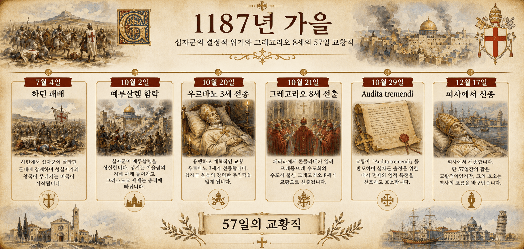 Ignispedia 인포그래픽 연대표: 1187년 가을 — 하틴 패배, 예루살렘 함락, 우르바노 3세 선종, 그레고리오 8세 선출, Audita tremendi, 피사에서의 선종까지 여섯 개의 이정표.
