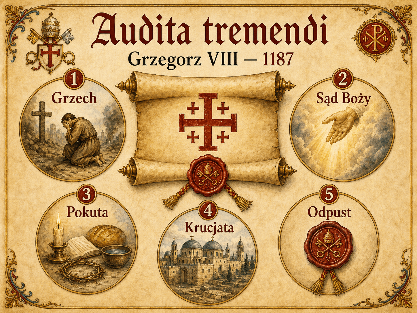Schemat infograficzny Ignispedia bulli Audita tremendi: grzech chrześcijaństwa, sąd Boży, pokuta i nawrócenie, krucjata, odpust i przywileje.