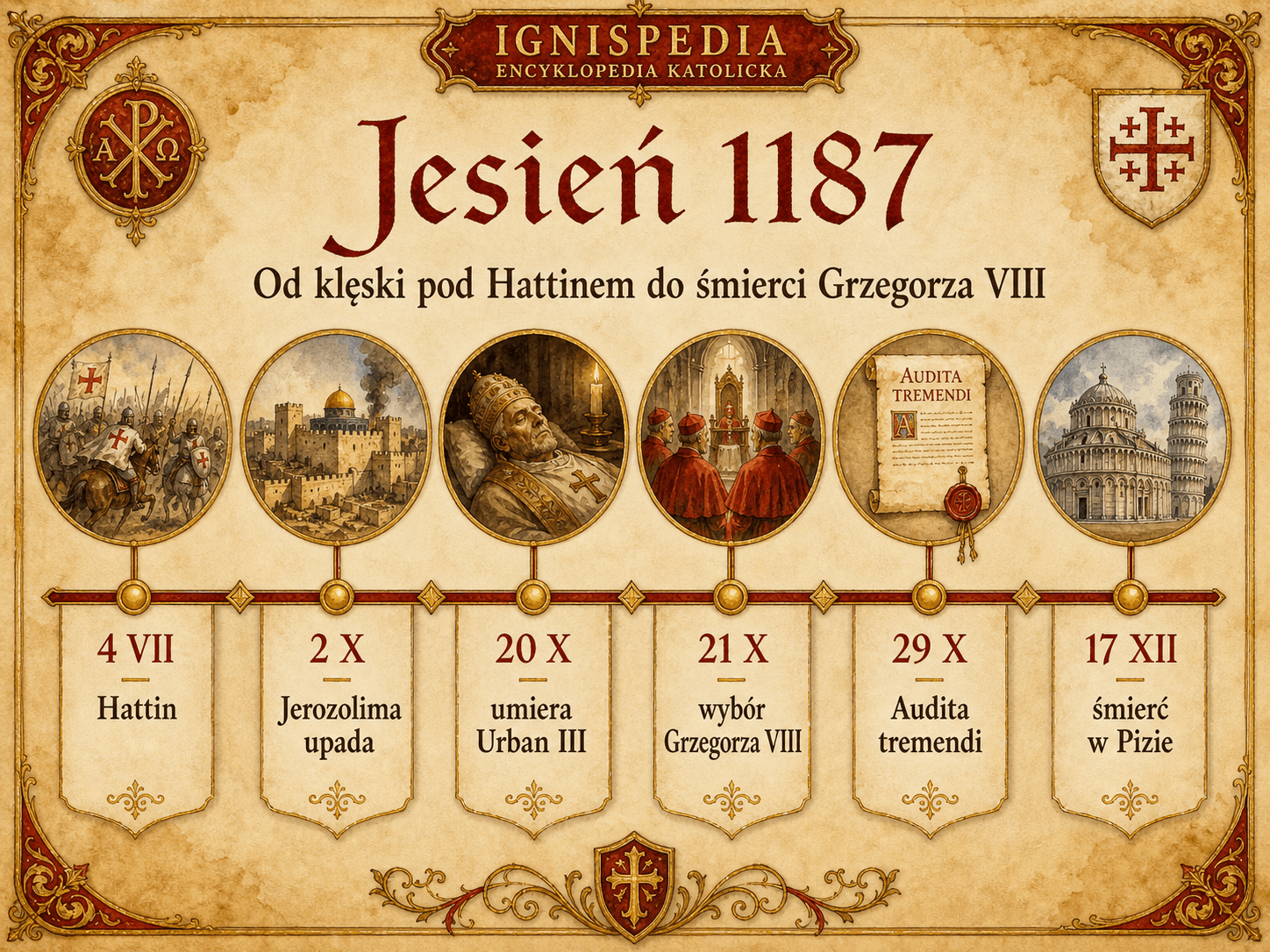 Infografika chronologiczna Ignispedia jesieni 1187: Hattin, upadek Jerozolimy, śmierć Urbana III, wybór Grzegorza VIII, Audita tremendi i śmierć w Pizie.