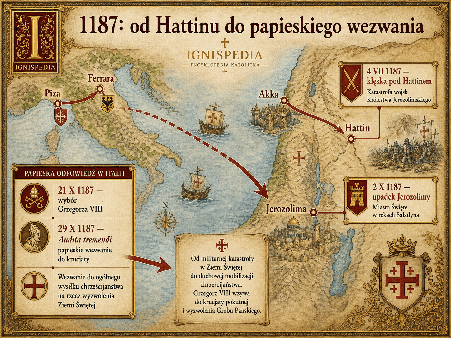 Mapa infograficzna Ignispedia kryzysu 1187 roku: Hattin, Jerozolima, Akka, Ferrara i Piza, pokazująca przejście od katastrofy militarnej do odpowiedzi papieskiej.