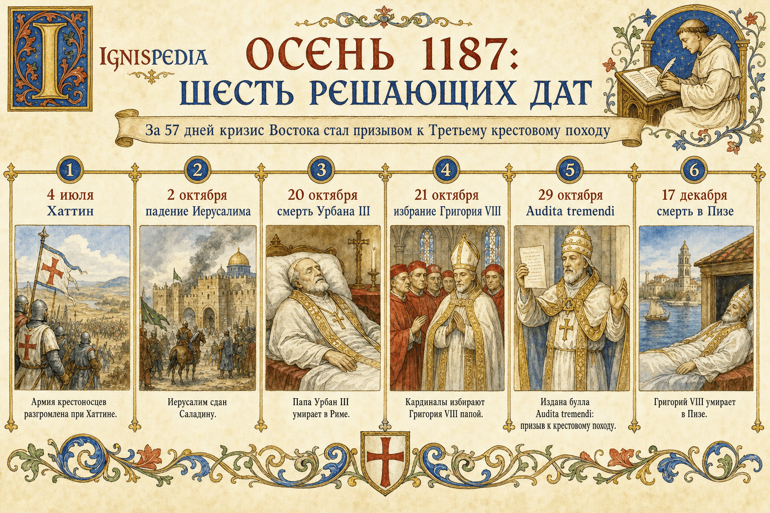 Хронологическая инфографика Ignispedia осени 1187 года: Хаттин, падение Иерусалима, смерть Урбана III, избрание Григория VIII, Audita tremendi и смерть в Пизе.