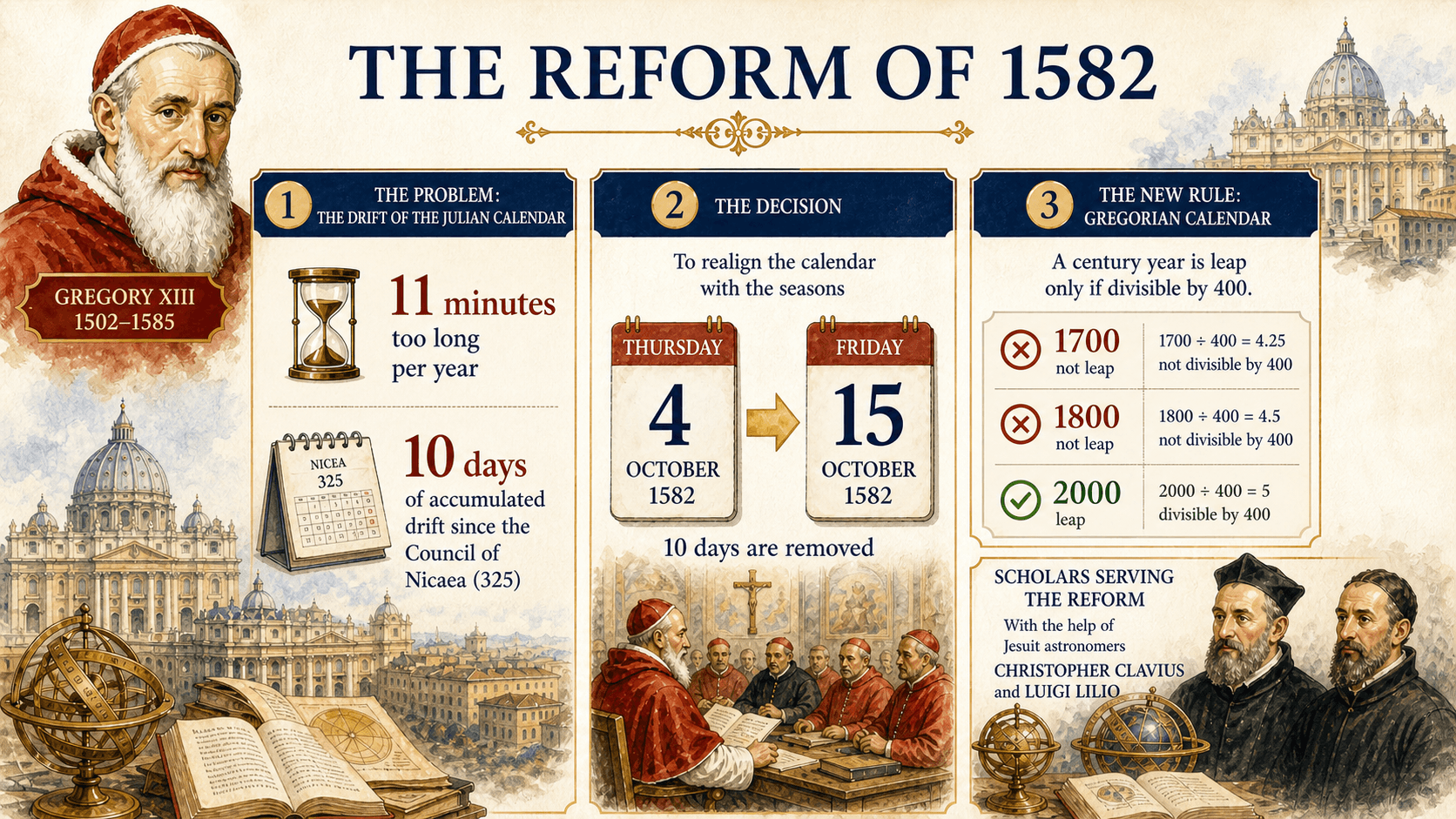 Infographic explaining the Gregorian reform of the calendar in 1582