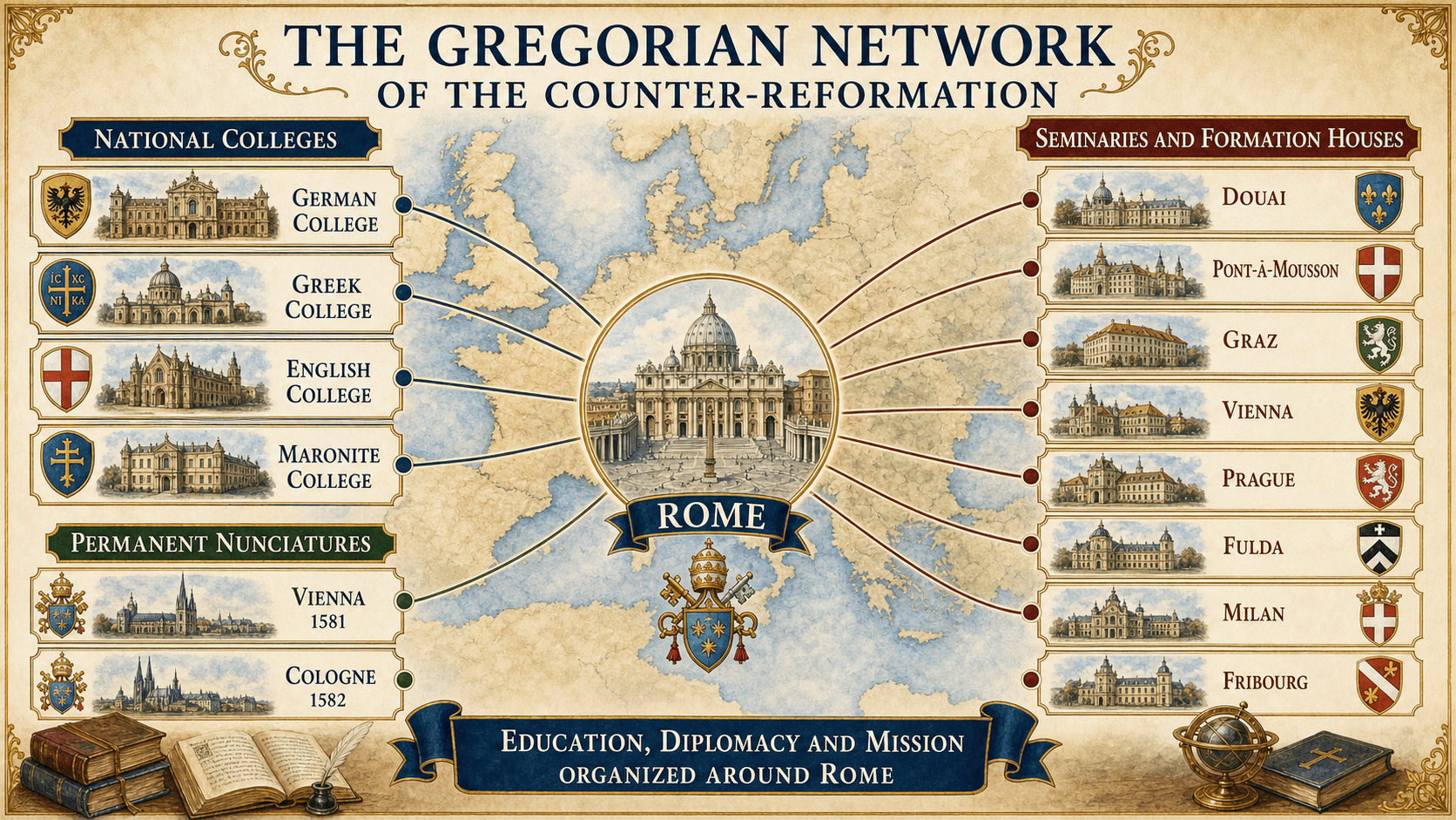 Map of the network of colleges, seminaries and nunciatures established or supported by Gregory XIII