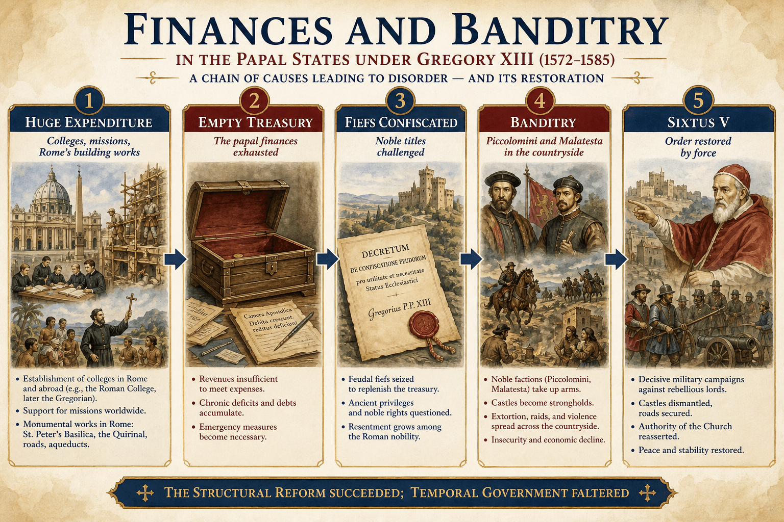 Infographic showing the link between papal expenditure, confiscations of fiefs and banditry under Gregory XIII