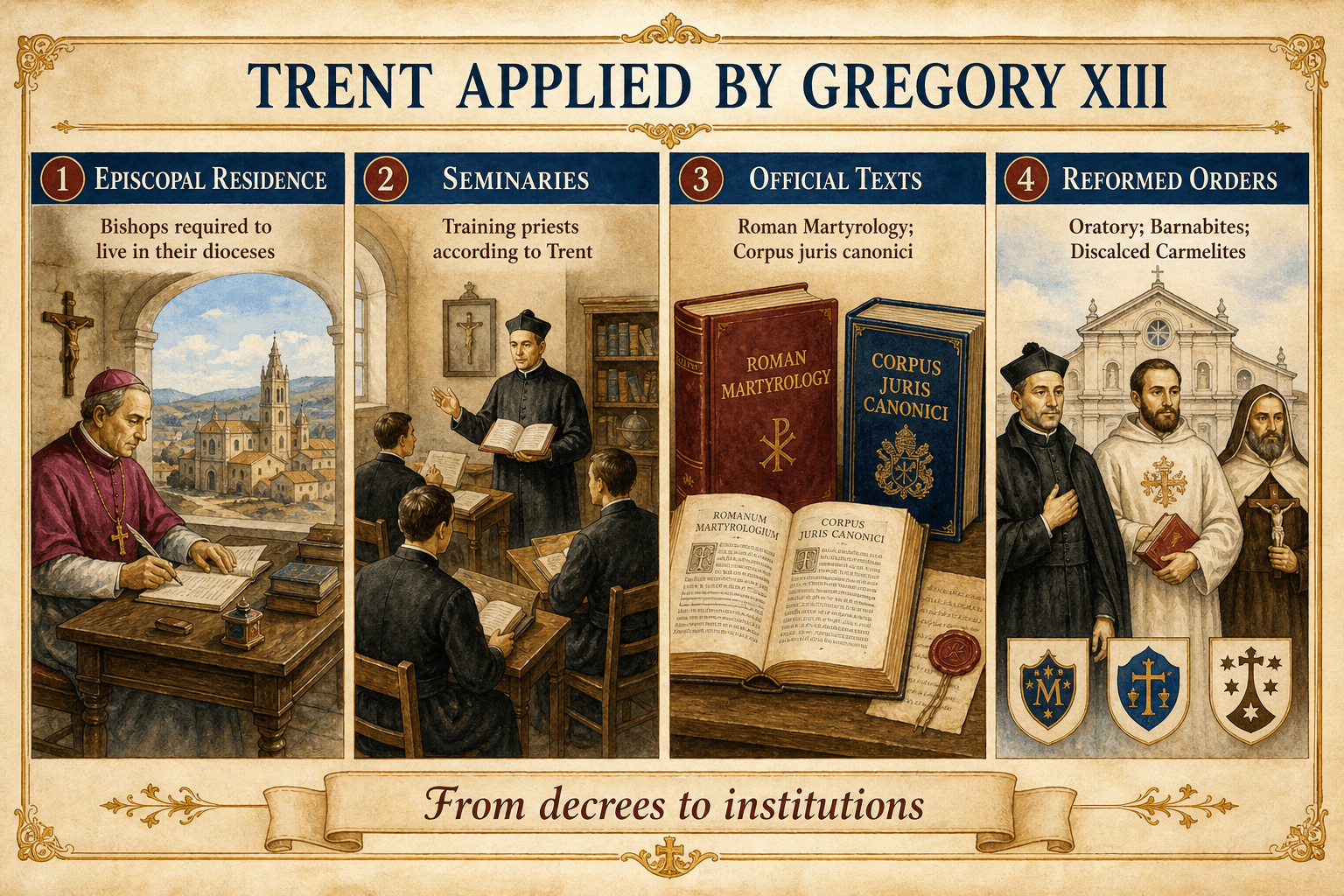 Infographic presenting the major axes by which Gregory XIII applied the Council of Trent