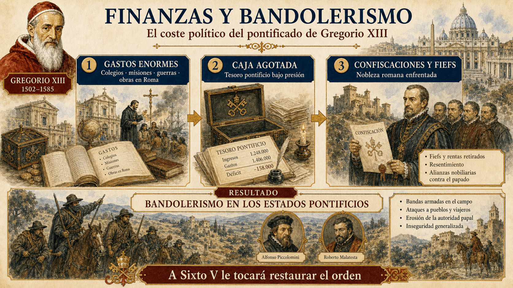 Infografía que muestra el vínculo entre los gastos pontificios, confiscaciones de feudos y bandolerismo bajo Gregorio XIII
