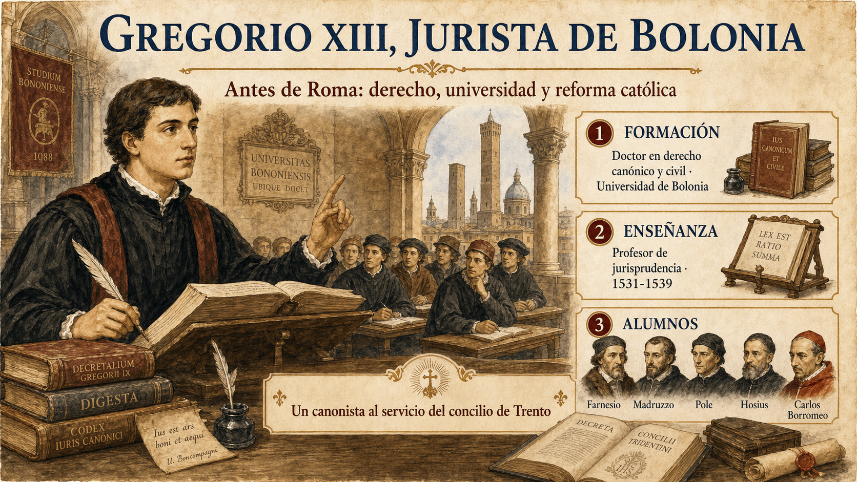 El joven Ugo Boncompagni enseñando derecho en la universidad de Bolonia
