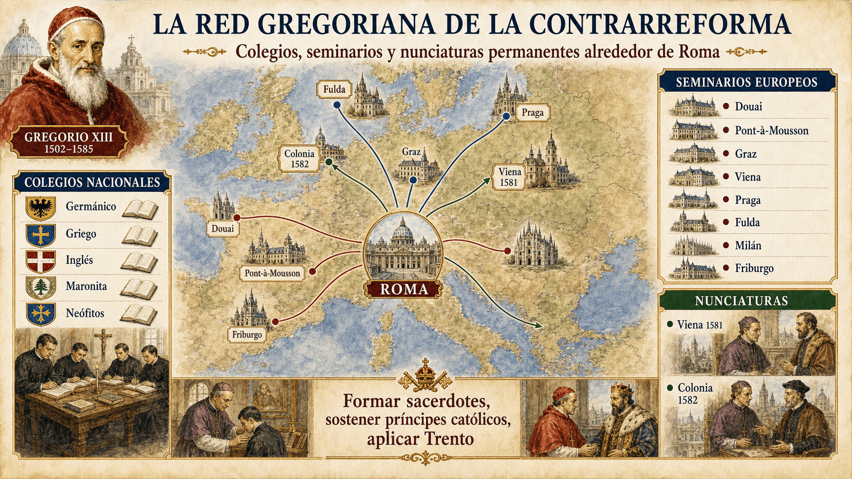Mapa de la red de colegios, seminarios y nunciaturas establecidos por Gregorio XIII