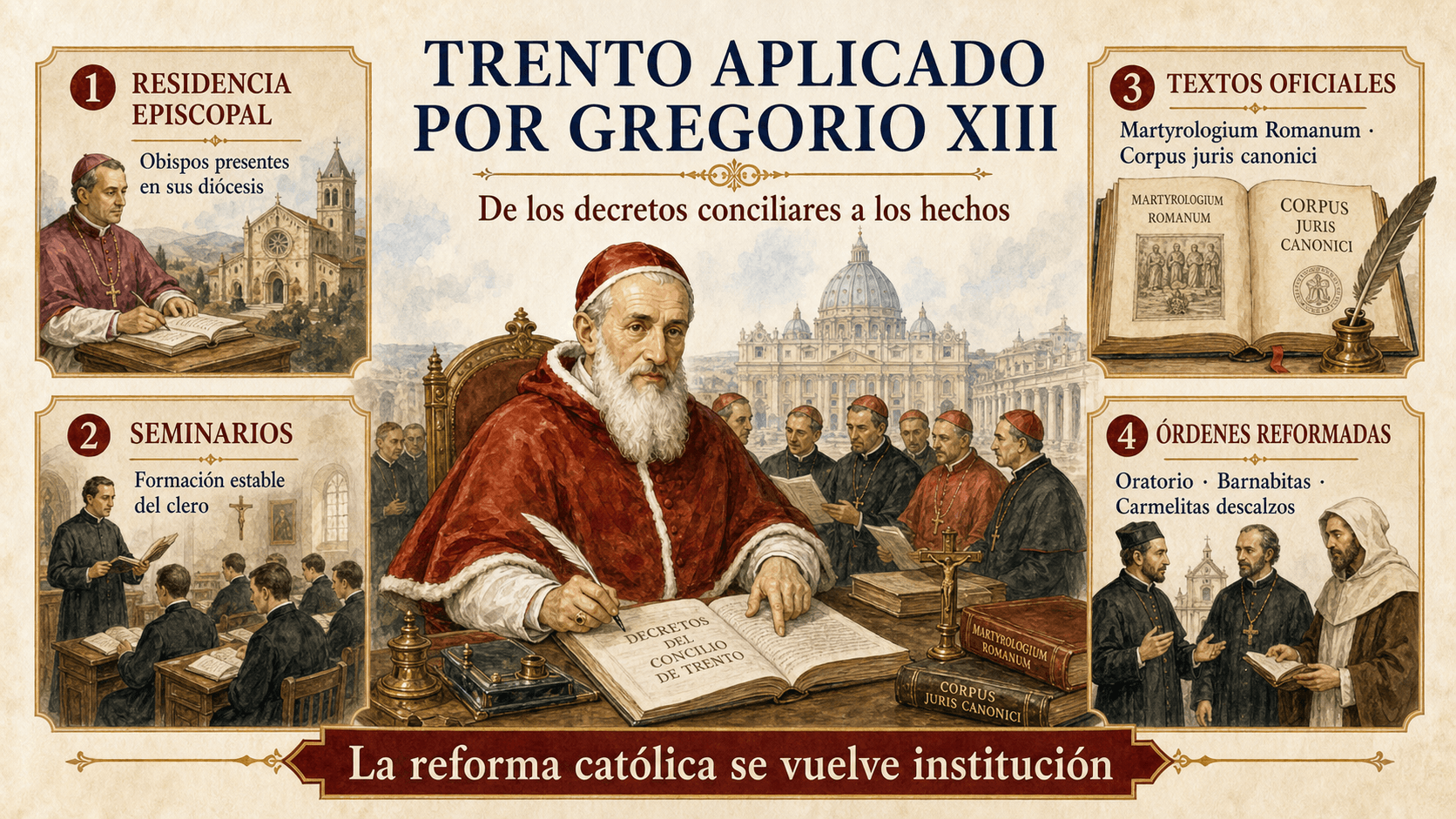 Infografía que presenta los grandes ejes de aplicación del concilio de Trento por Gregorio XIII