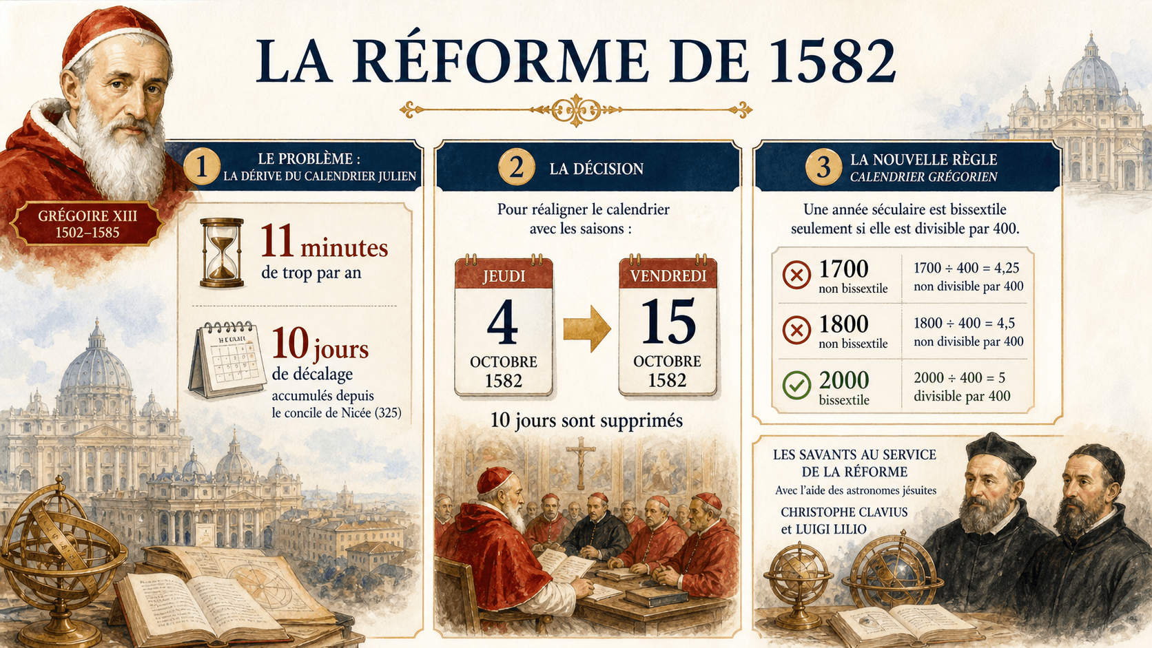 Infographie expliquant la réforme grégorienne du calendrier de 1582