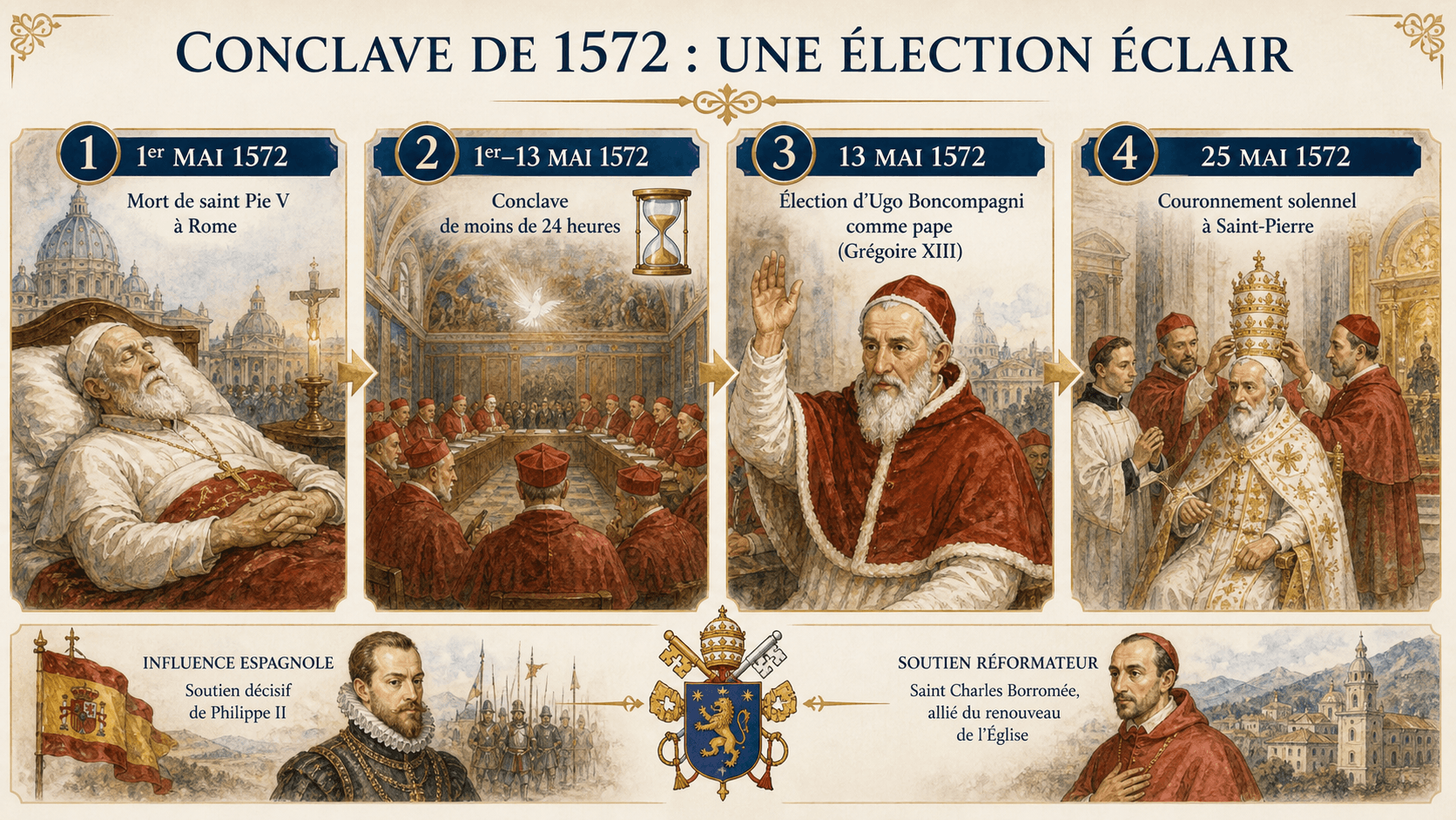 Infographie sur le conclave de 1572 et l'élection rapide de Grégoire XIII