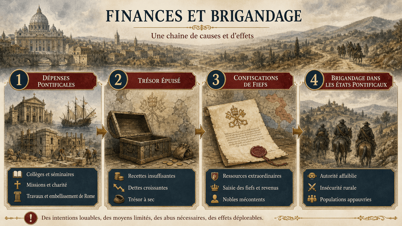 Infographie montrant le lien entre dépenses pontificales, confiscations de fiefs et brigandage sous Grégoire XIII