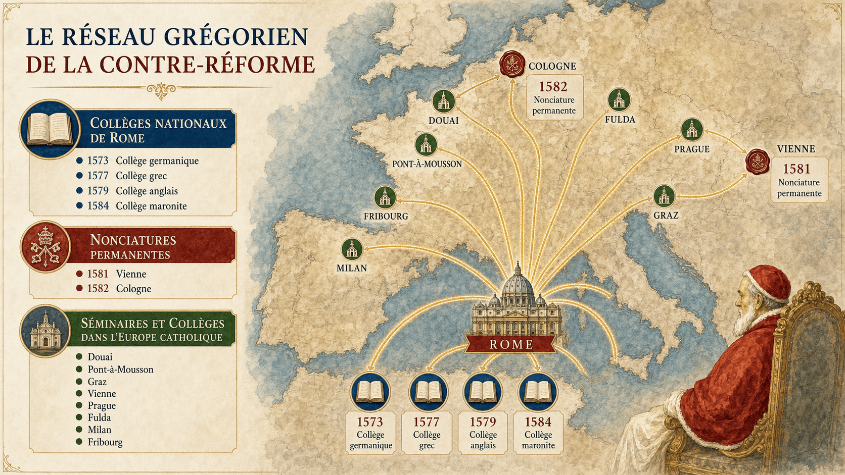 Carte du réseau de collèges, séminaires et nonciatures établis par Grégoire XIII