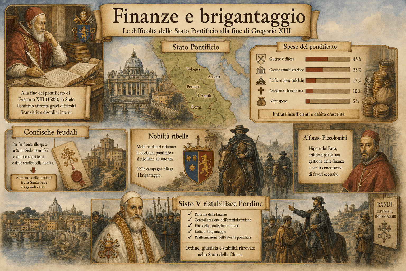 Infografica che mostra il legame tra spese pontificie, confische di feudi e brigantaggio sotto Gregorio XIII