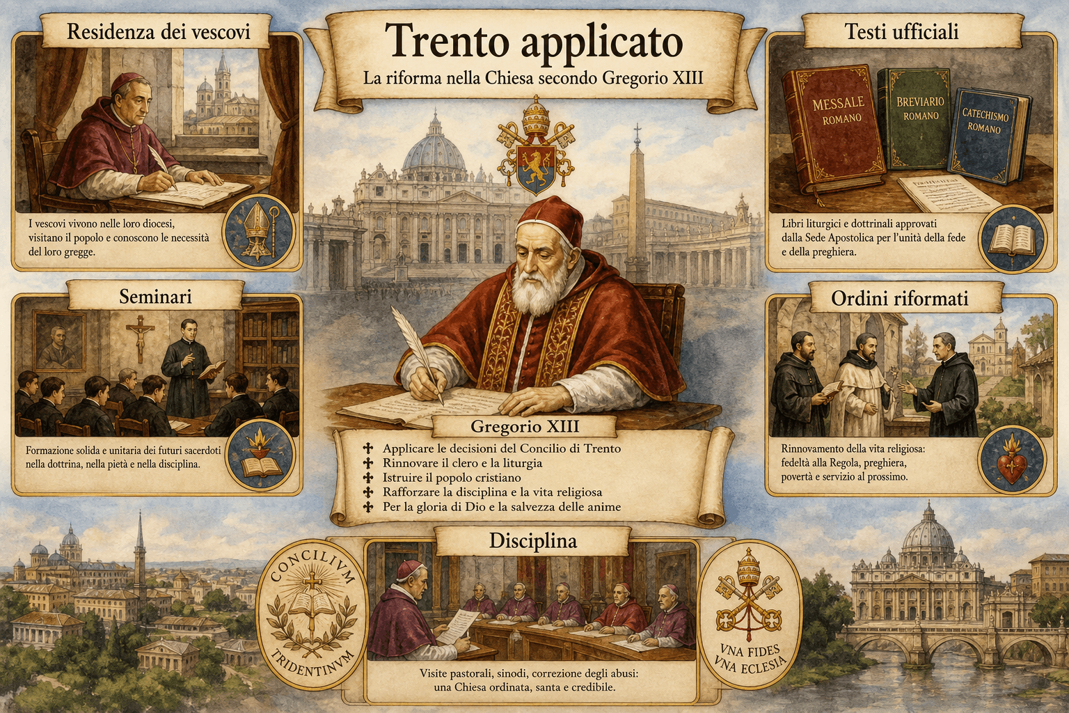 Infografica che presenta i grandi assi di applicazione del concilio di Trento da parte di Gregorio XIII