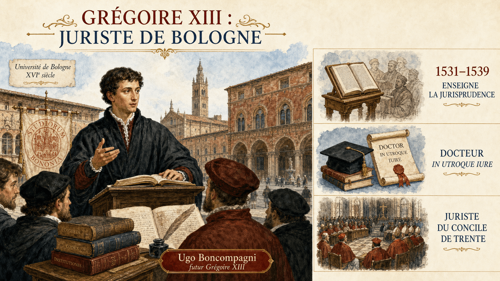 Le jeune Ugo Boncompagni enseignant le droit à l'université de Bologne