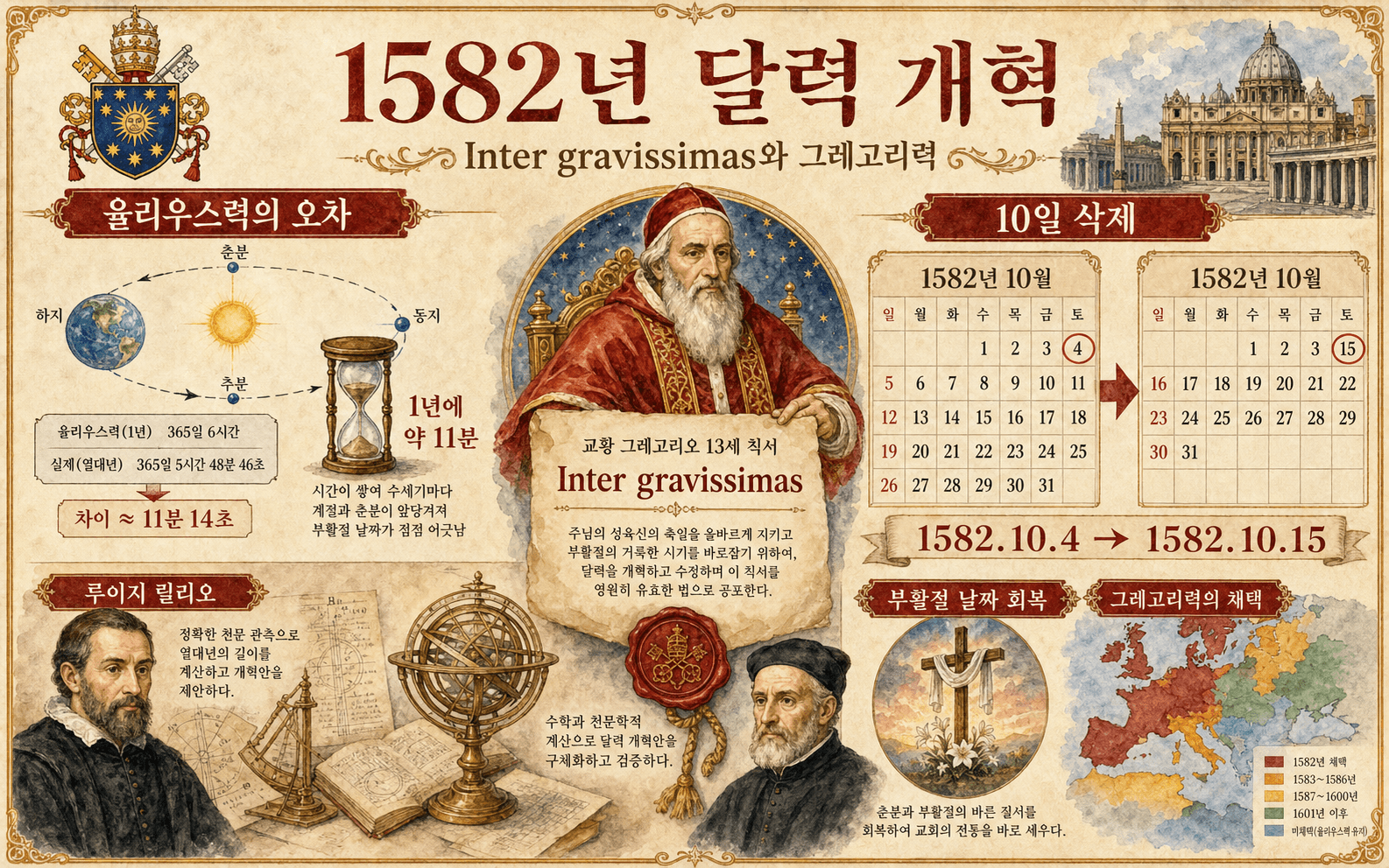 1582년 그레고리오력 개혁을 설명하는 인포그래픽