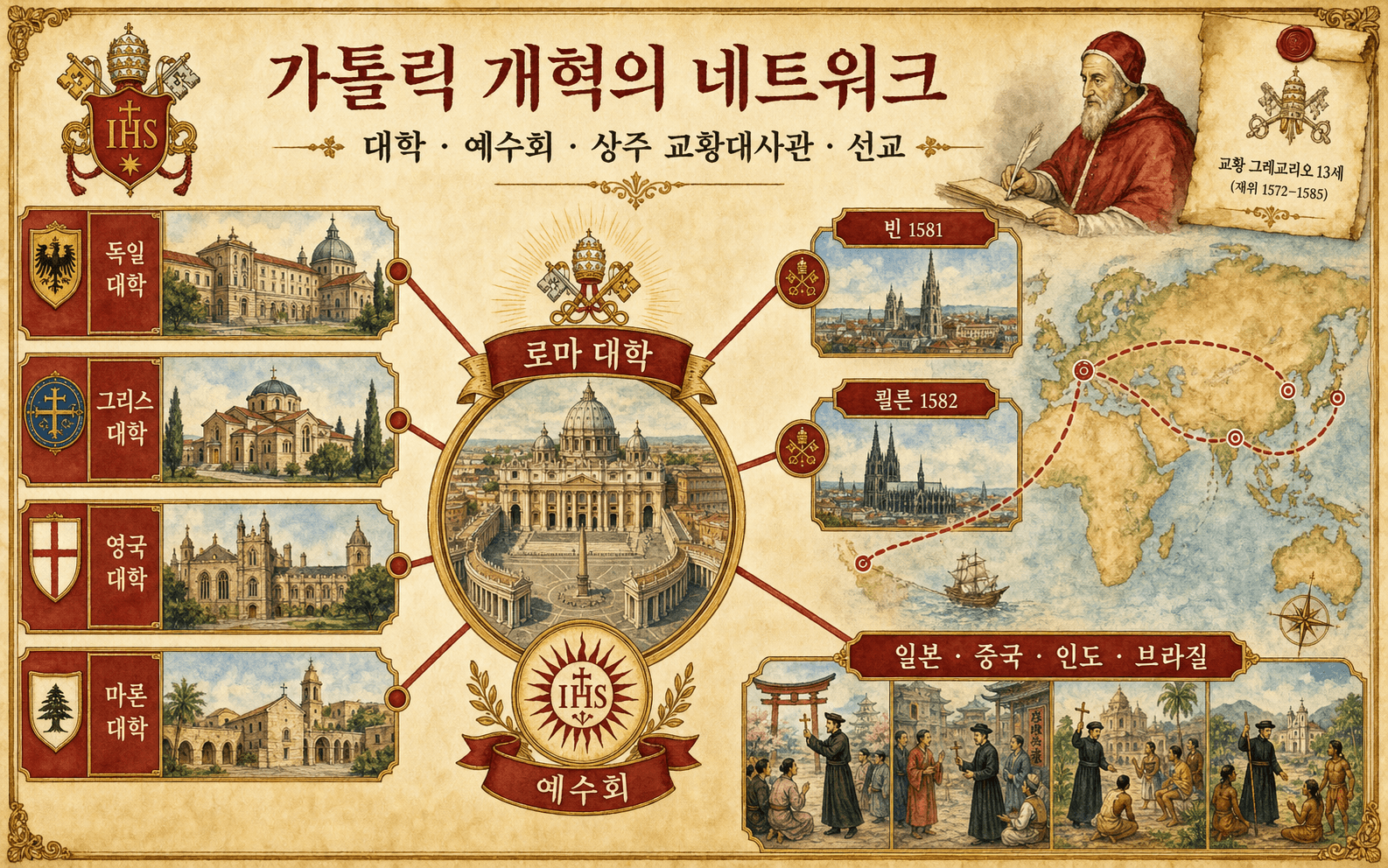 그레고리오 13세가 설립한 대학, 신학교, 상설 교황대사관 네트워크 지도
