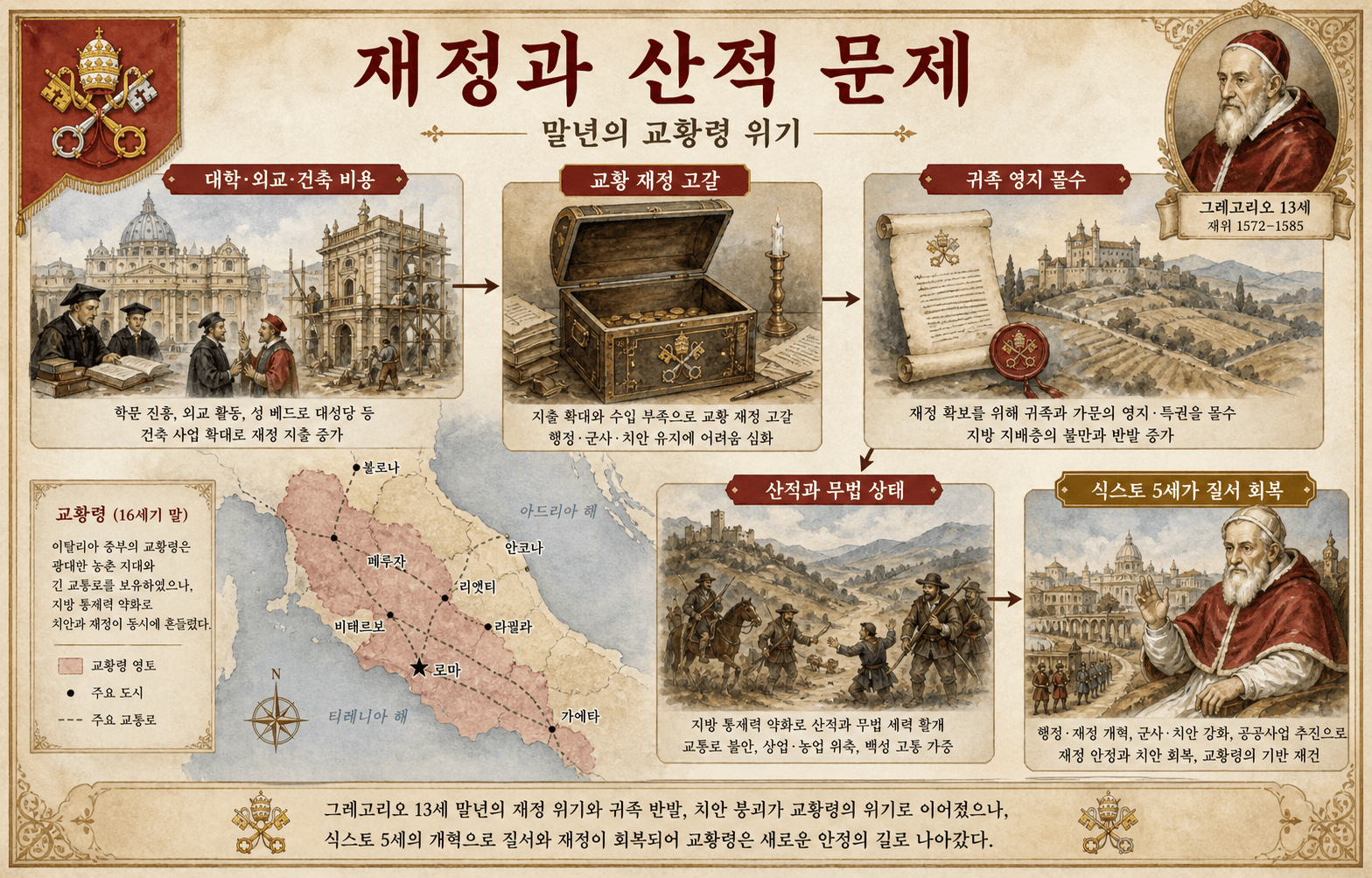 그레고리오 13세 시절 교황 재정 지출, 영지 몰수, 산적 증가 간의 관계를 보여주는 인포그래픽