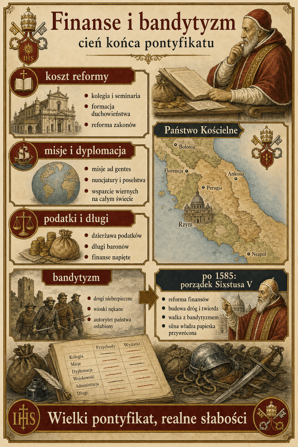 Infografika pokazująca związek między wydatkami papieskimi, konfiskatami dóbr feudalnych i rozbojem za pontyfikatu Grzegorza XIII