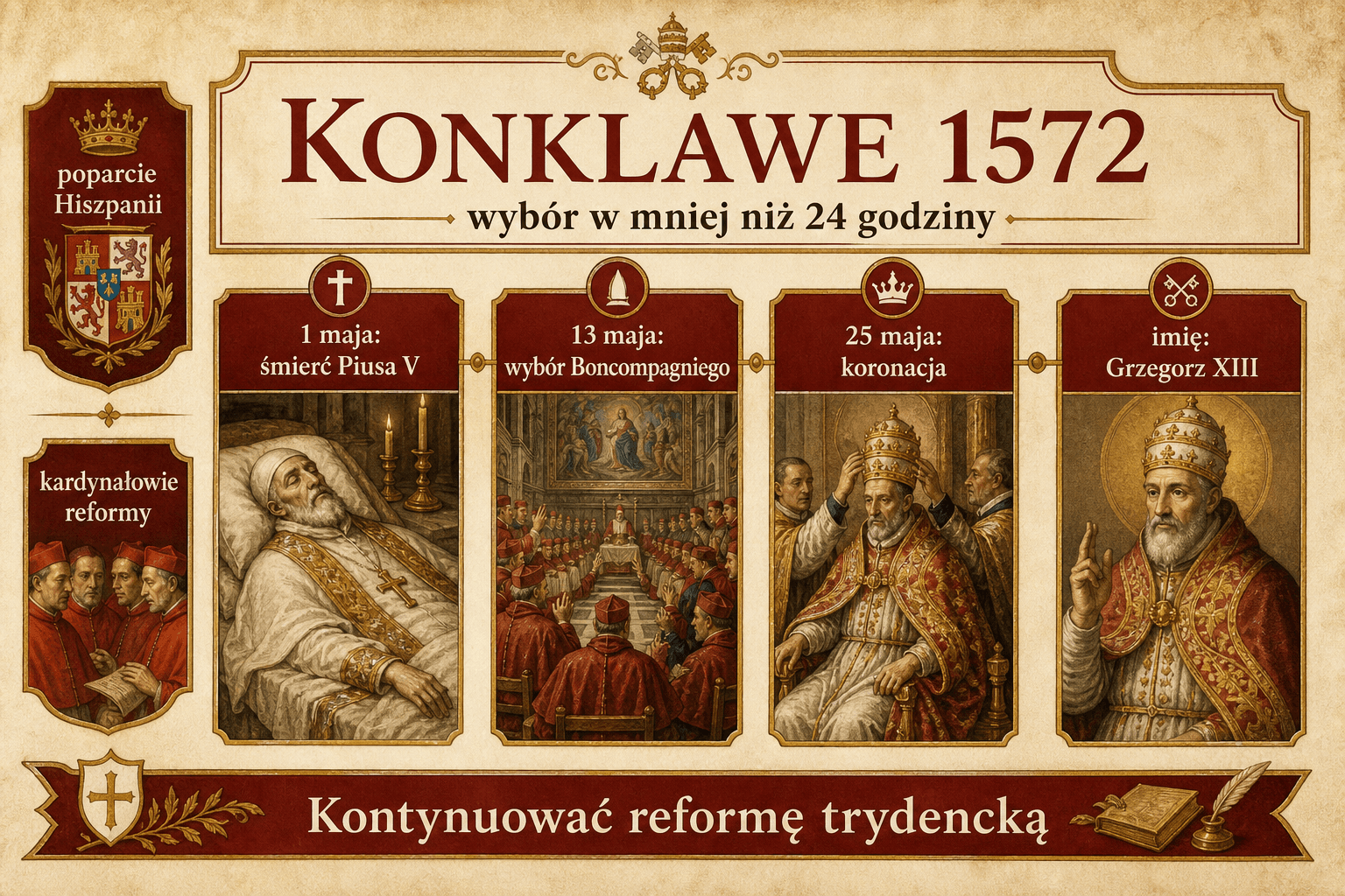 Infografika dotycząca konklawe 1572 i szybkiego wyboru Grzegorza XIII