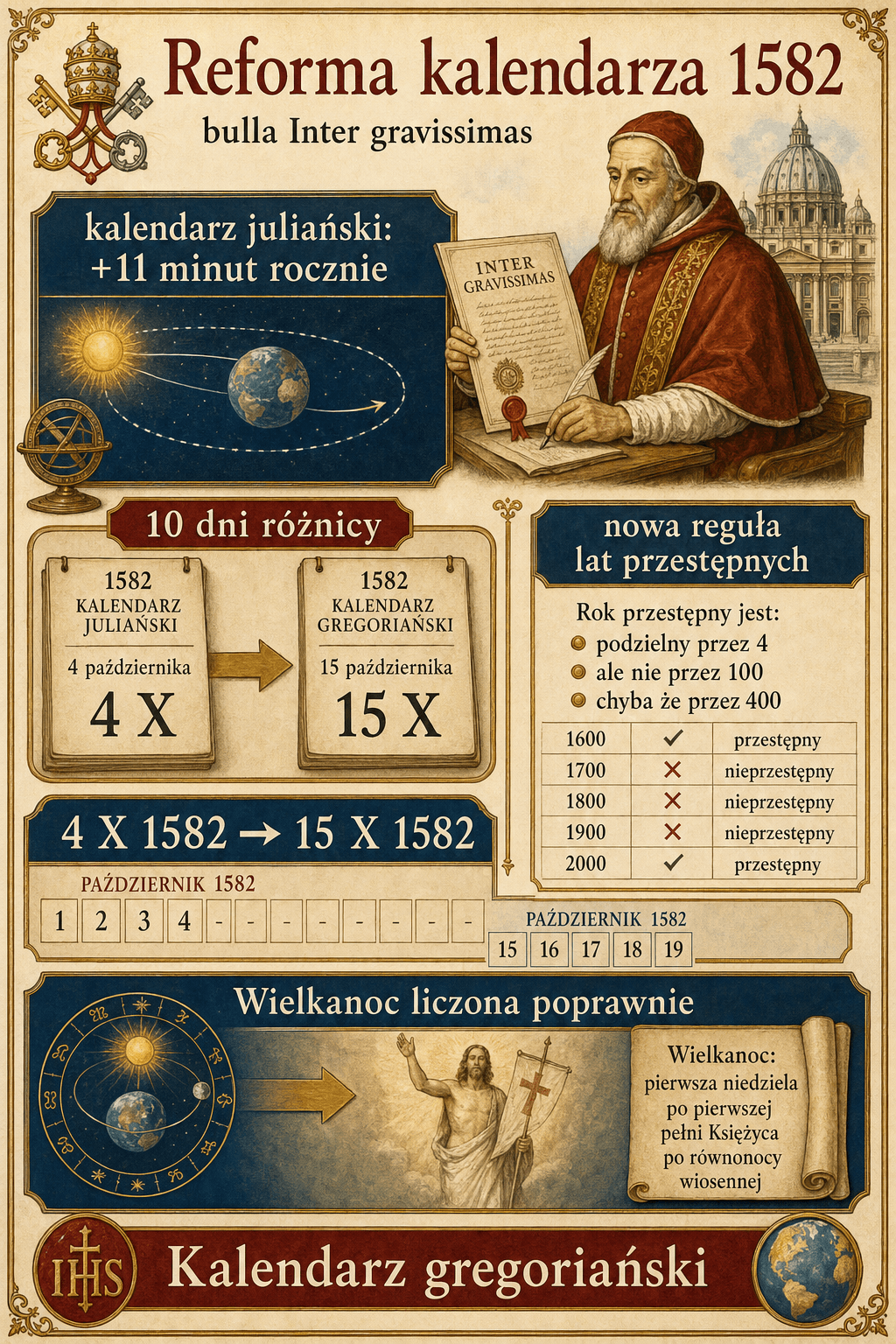 Infografika wyjaśniająca reformę gregoriańską kalendarza z 1582 roku