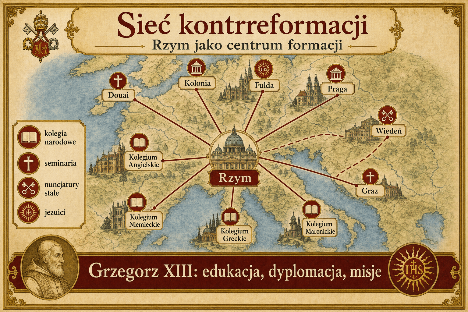 Mapa sieci kolegiów, seminariów i nuncjatur ustanowionych przez Grzegorza XIII