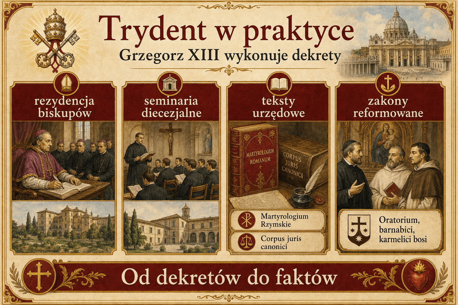 Infografika przedstawiająca główne kierunki wdrażania Soboru Trydenckiego przez Grzegorza XIII