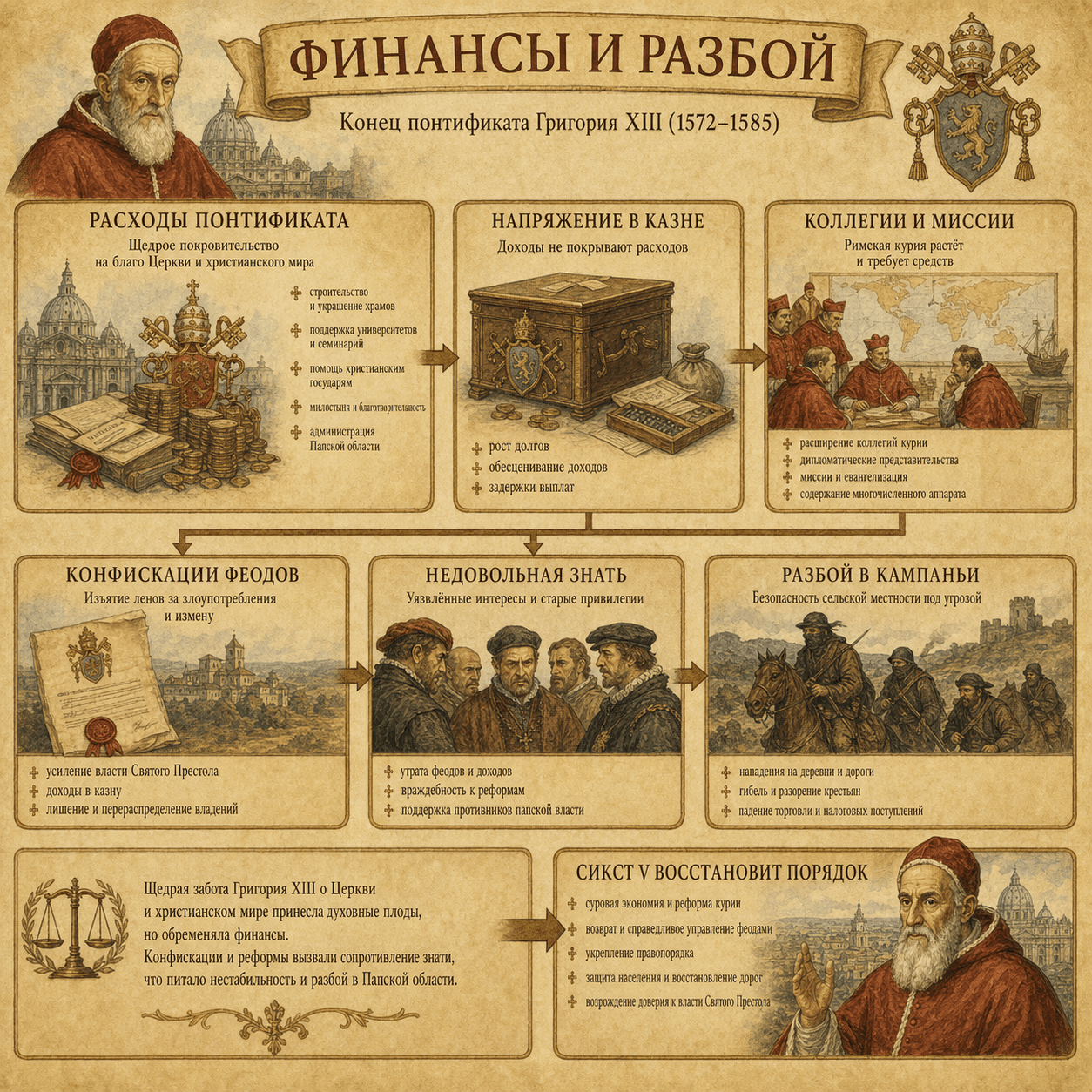 Инфографика, показывающая связь между расходами понтификата, конфискациями феодов и разбойничеством при Григории XIII