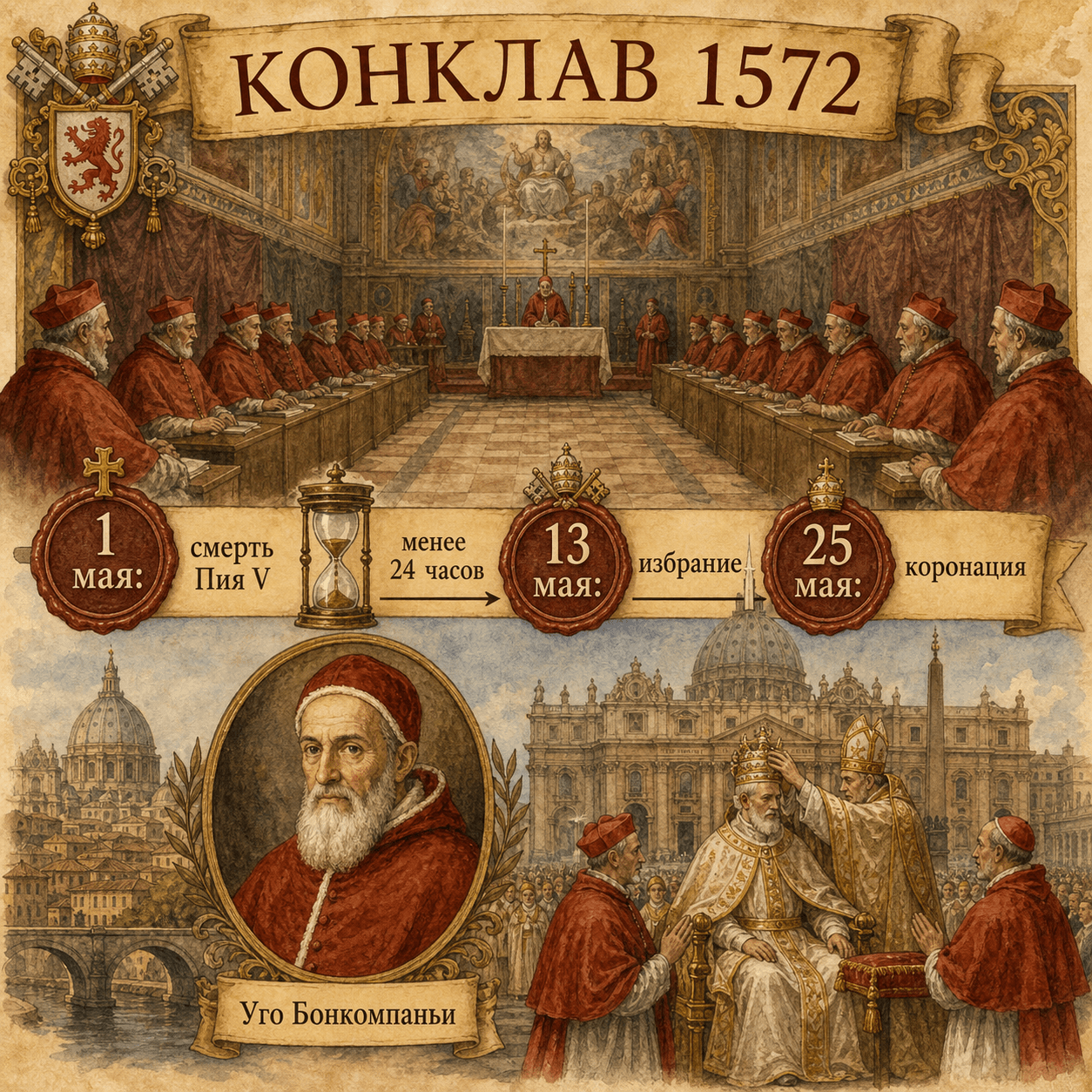 Инфографика о конклаве 1572 года и быстром избрании Григория XIII