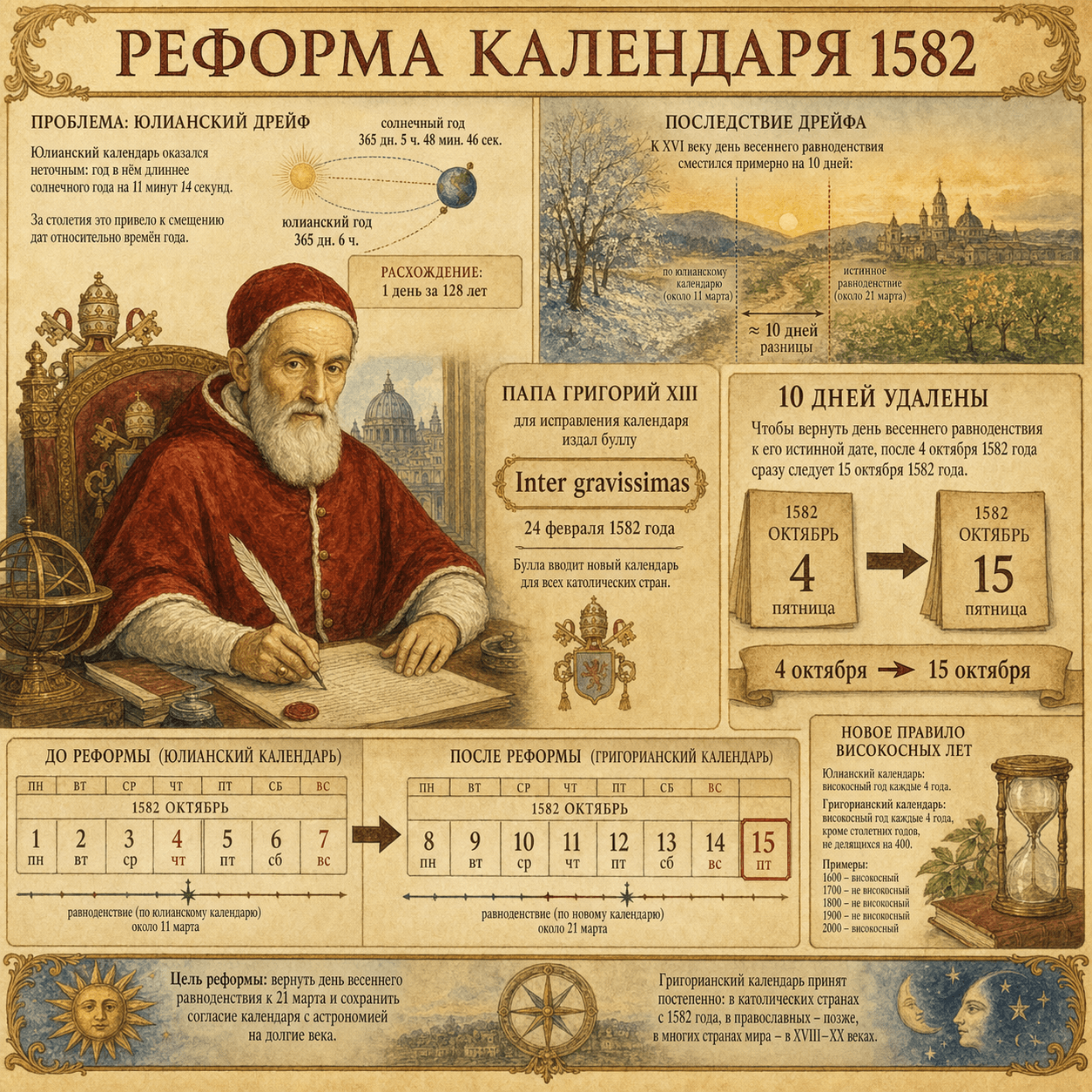 Инфографика, объясняющая григорианскую реформу календаря 1582 года