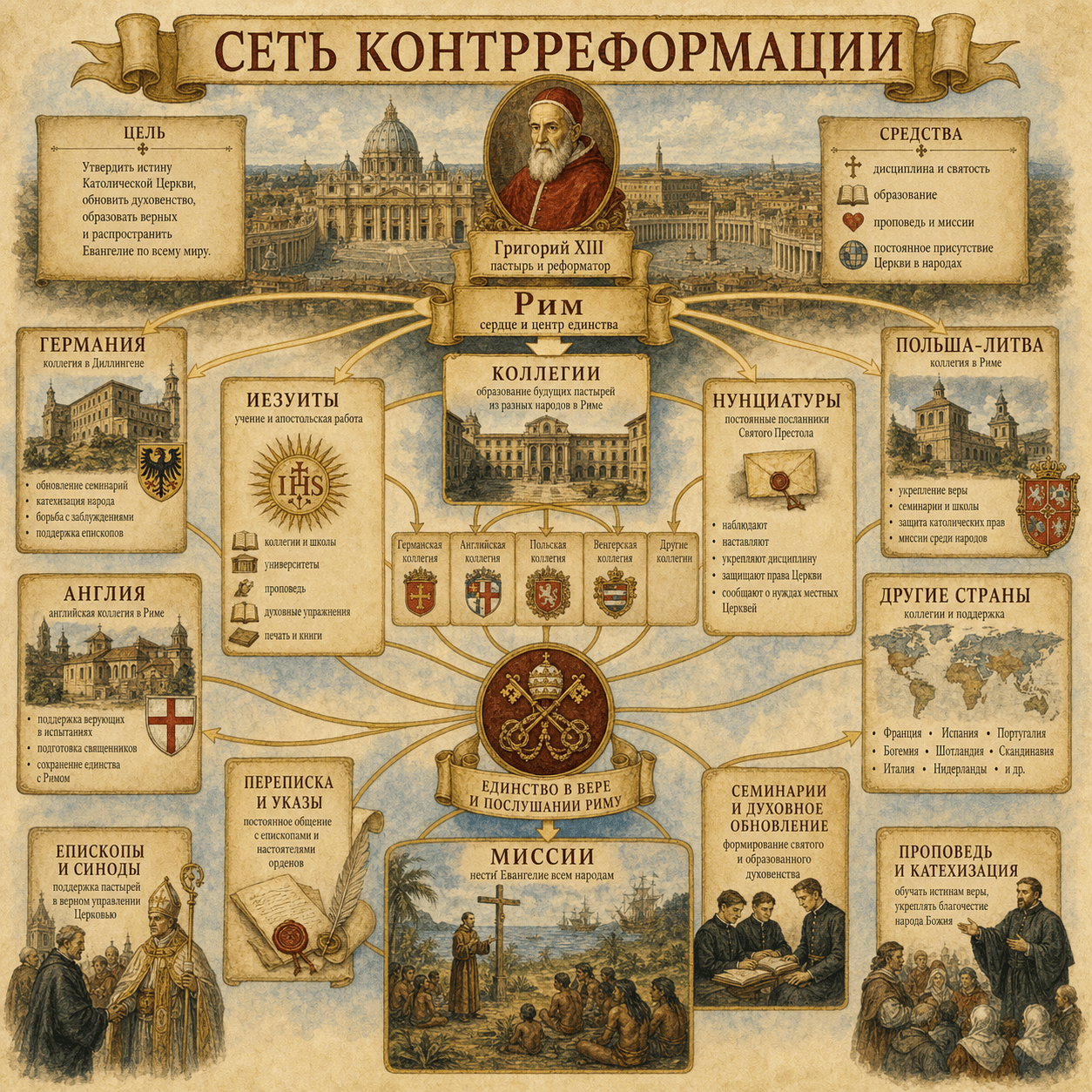 Карта сети колледжей, семинарий и нунциатур, учреждённых Григорием XIII