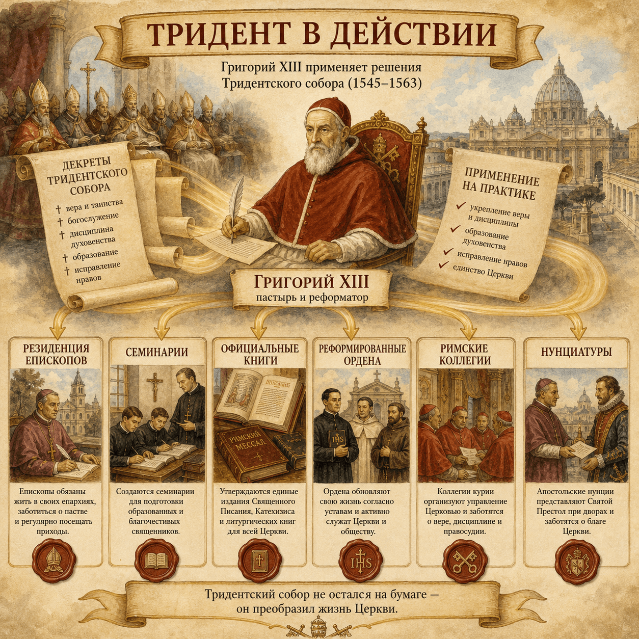 Инфографика, представляющая основные направления применения Тридентского собора Григорием XIII