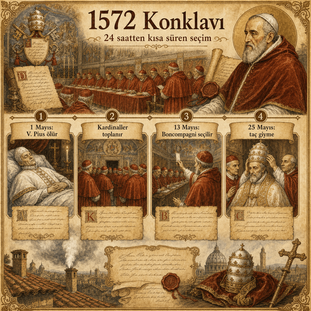 1572 konklavı ve XIII. Gregorius’un hızlı seçimi hakkında infografik