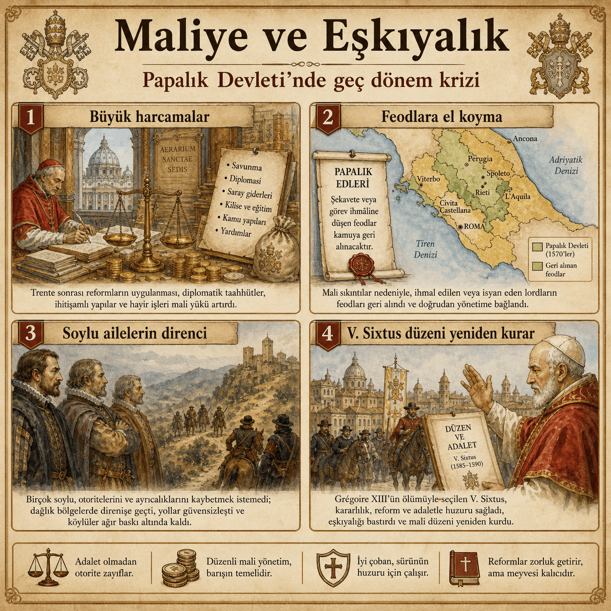 XIII. Gregorius döneminde pontifik harcamalar, mülk müsadere ve haydutluk arasındaki ilişkiyi gösteren infografik