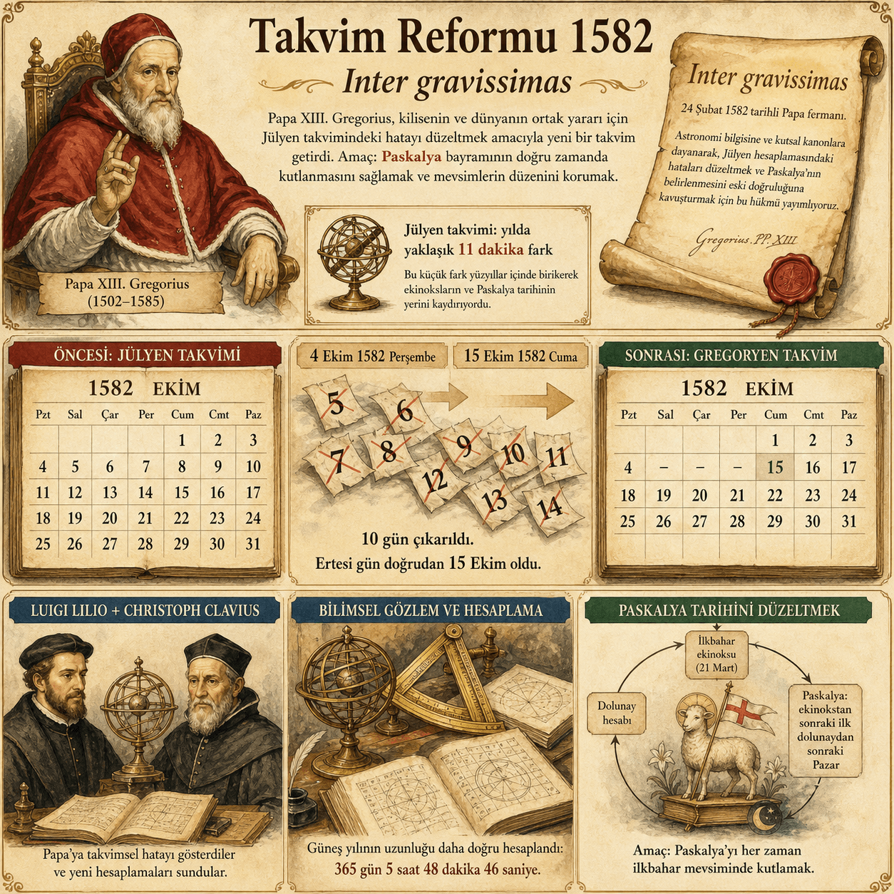 1582 Gregoryen takvim reformunu açıklayan infografik