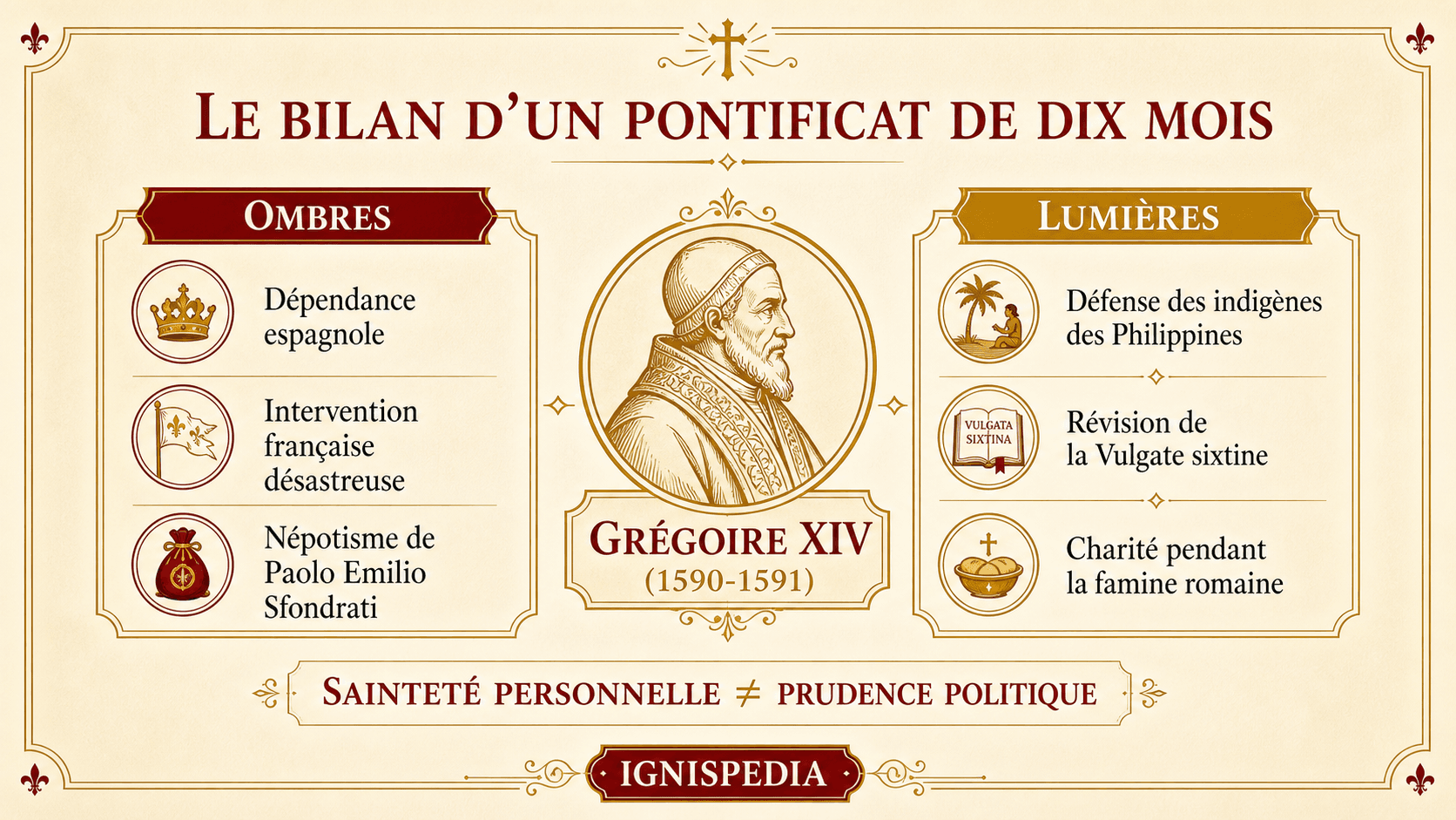 Infographie de synthèse du pontificat de Grégoire XIV : ombres politiques et lumières pastorales
