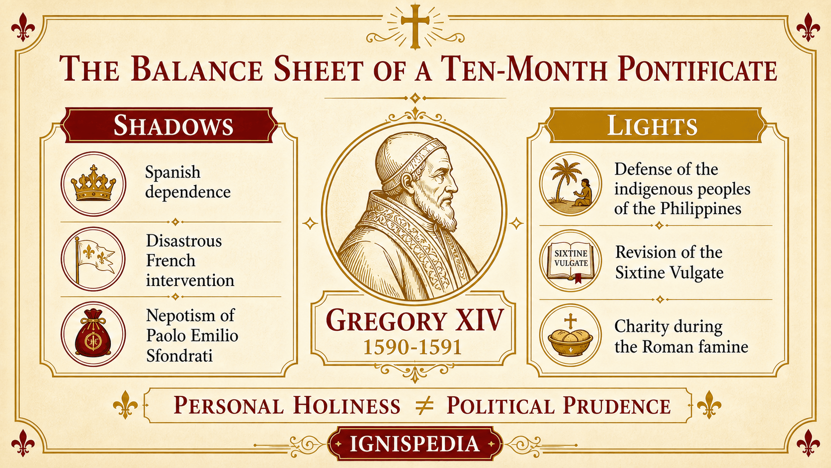 Summary infographic of the pontificate of Gregory XIV: political shadows and pastoral lights