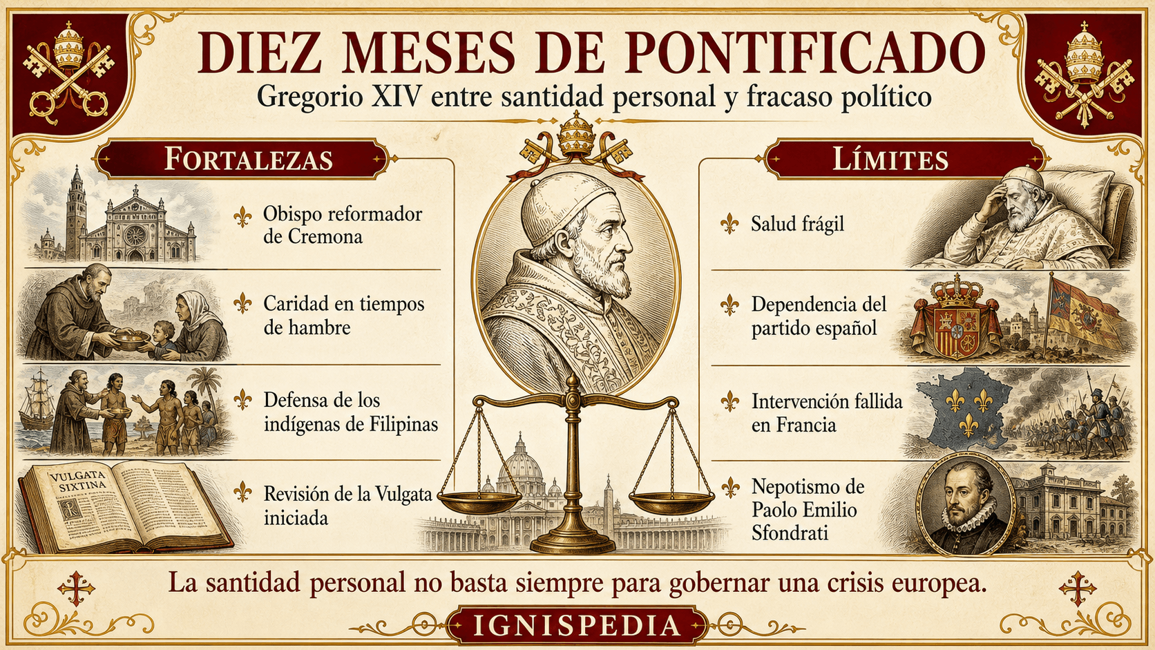 Infografía de síntesis del pontificado de Gregorio XIV: sombras políticas y luces pastorales