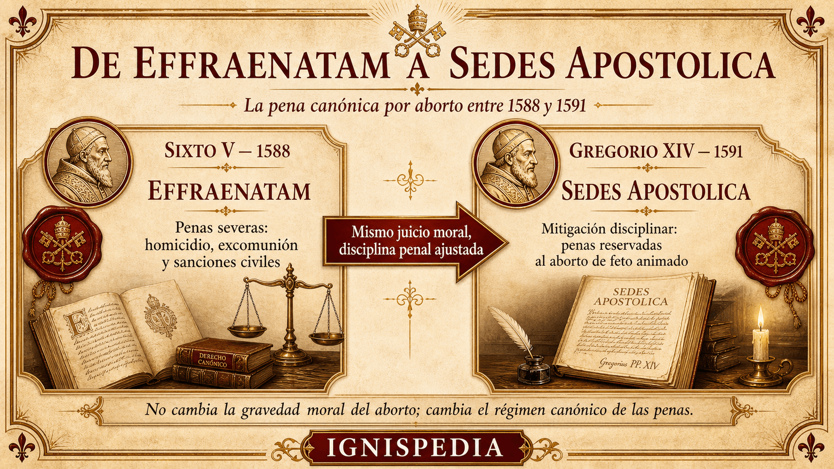 Esquema que compara la bula Effraenatam de Sixto V (1588) y la bula Sedes Apostolica de Gregorio XIV (1591) sobre las penas canónicas contra el aborto